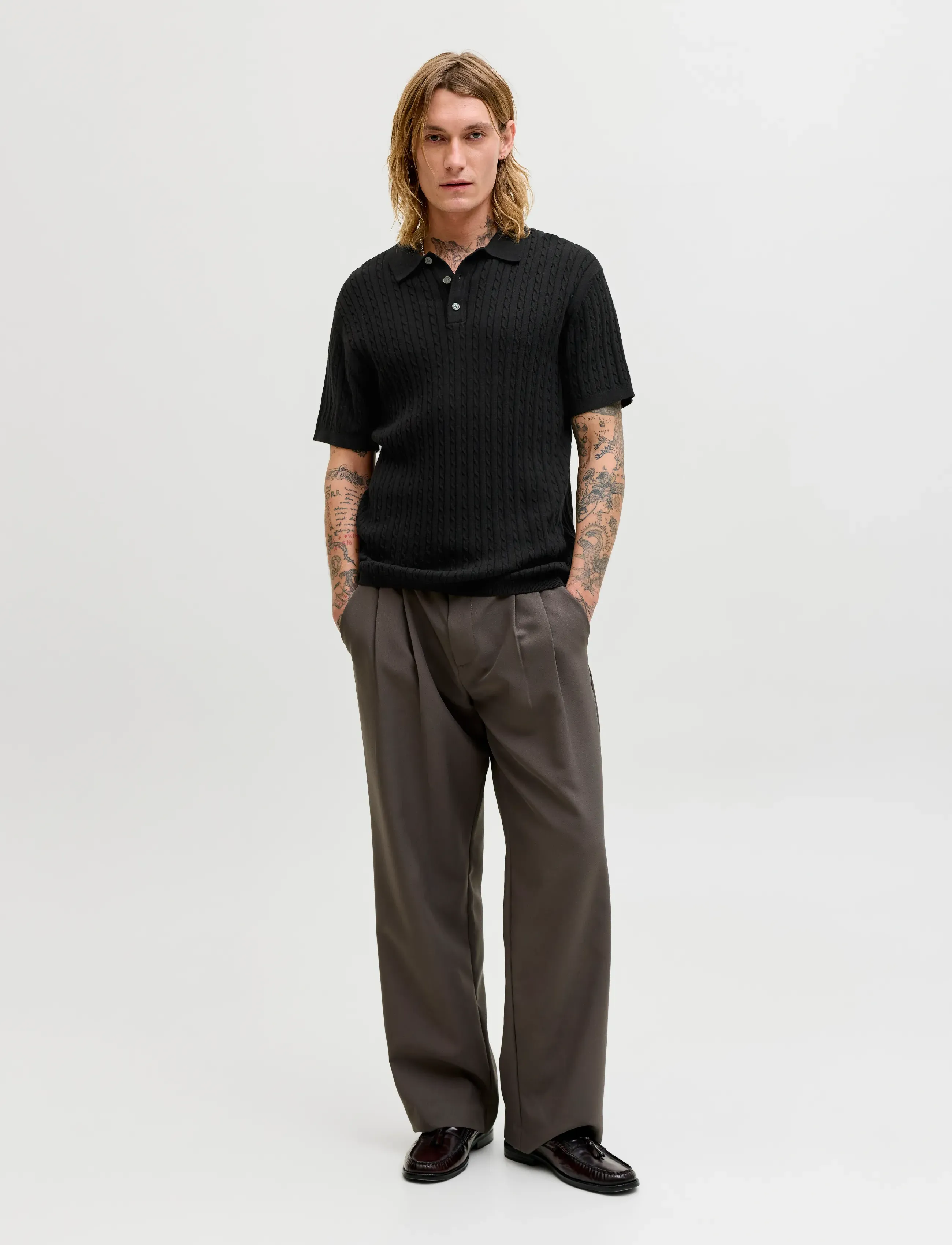 Jack & Jones - JJEEMIL KNIT CABLE POLO SS LN - gestrickte polohemden - black - 3
