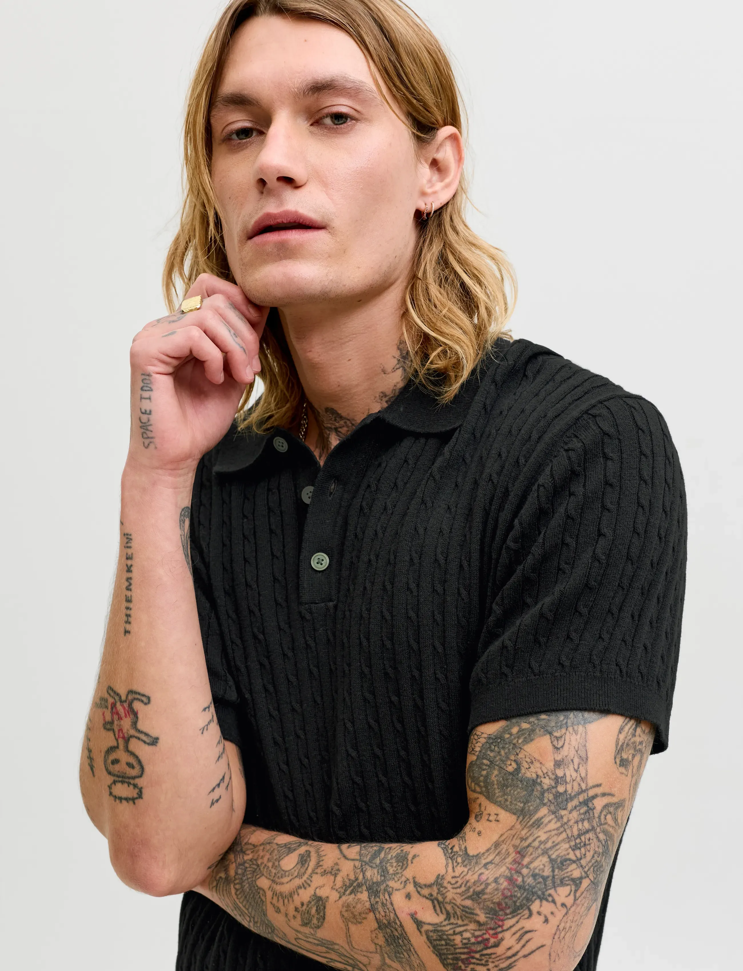 Jack & Jones - JJEEMIL KNIT CABLE POLO SS LN - gestrickte polohemden - black - 5