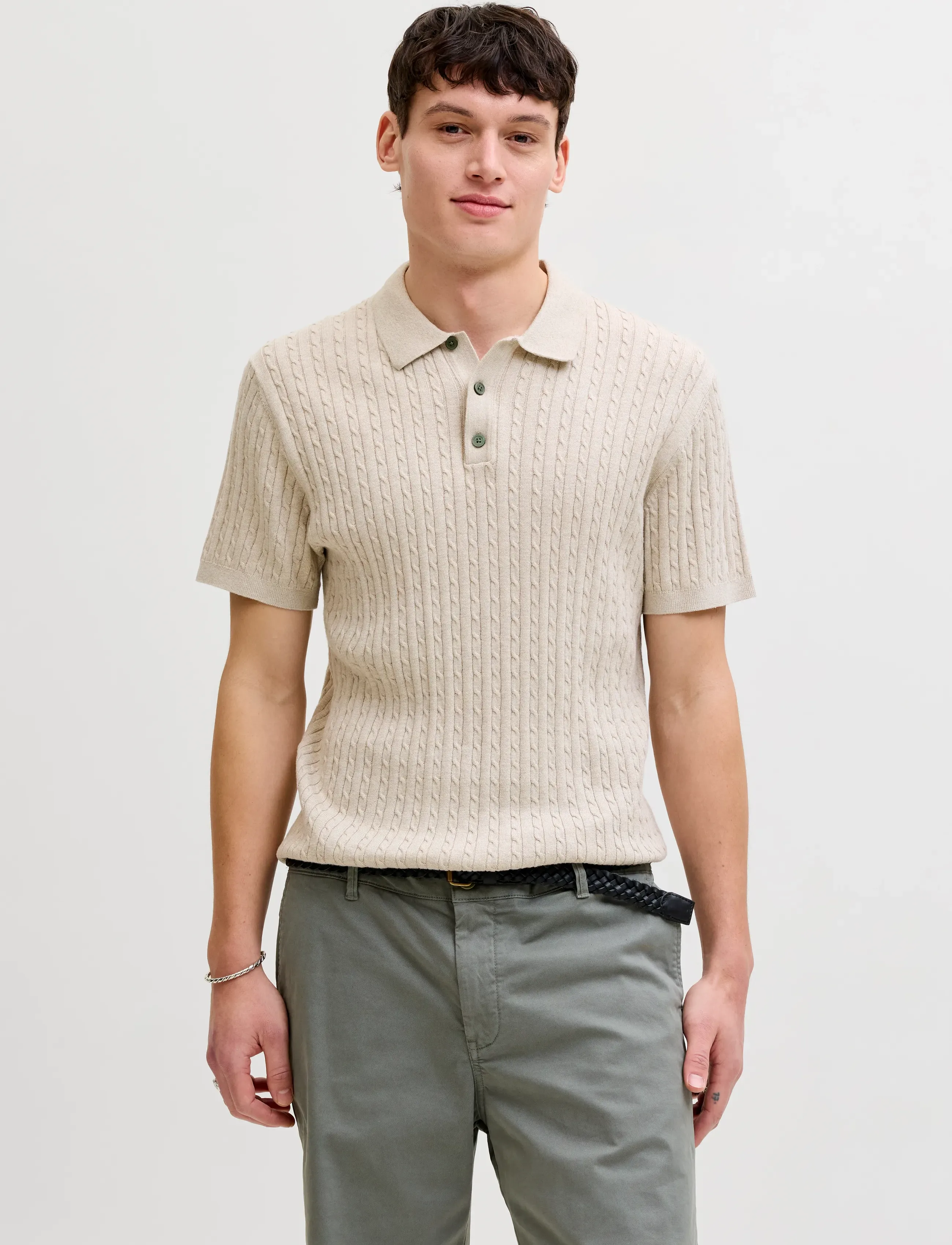 Jack & Jones Jjeemil Knit Cable Polo Ss Ln, S, Knitwear, Creme - Short Sleeve Knitted Polos, Männerswear