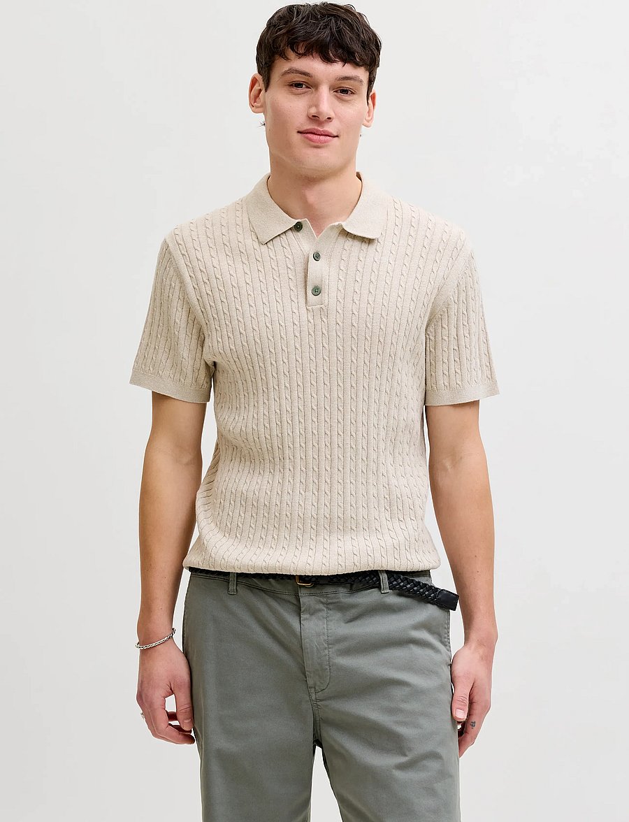Jack & Jones - JJEEMIL KNIT CABLE POLO SS LN - polostrik - oatmeal - 0