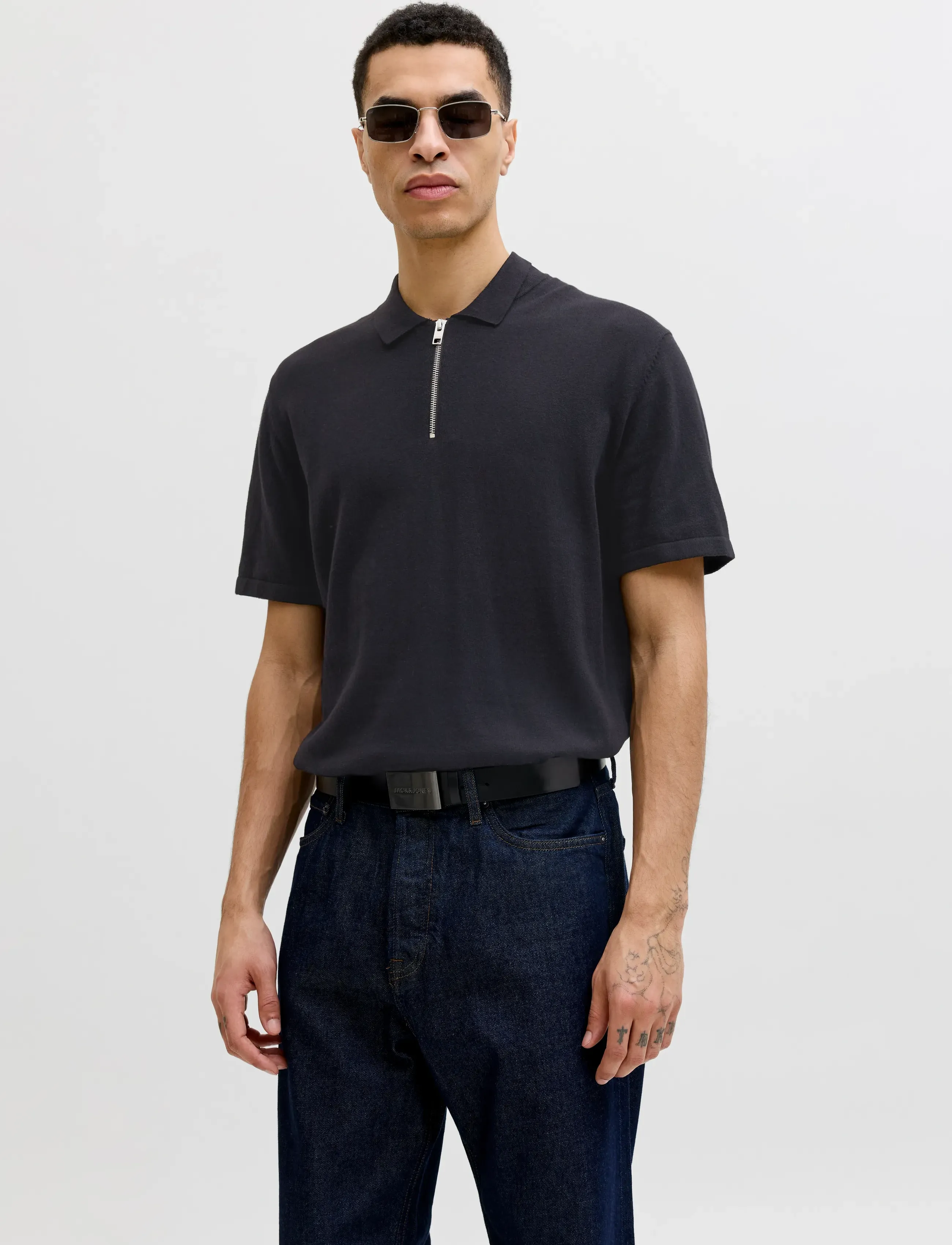 Jack & Jones JJEEMIL KNIT ZIP POLO SS SN - Kollektionen - BLACK / black