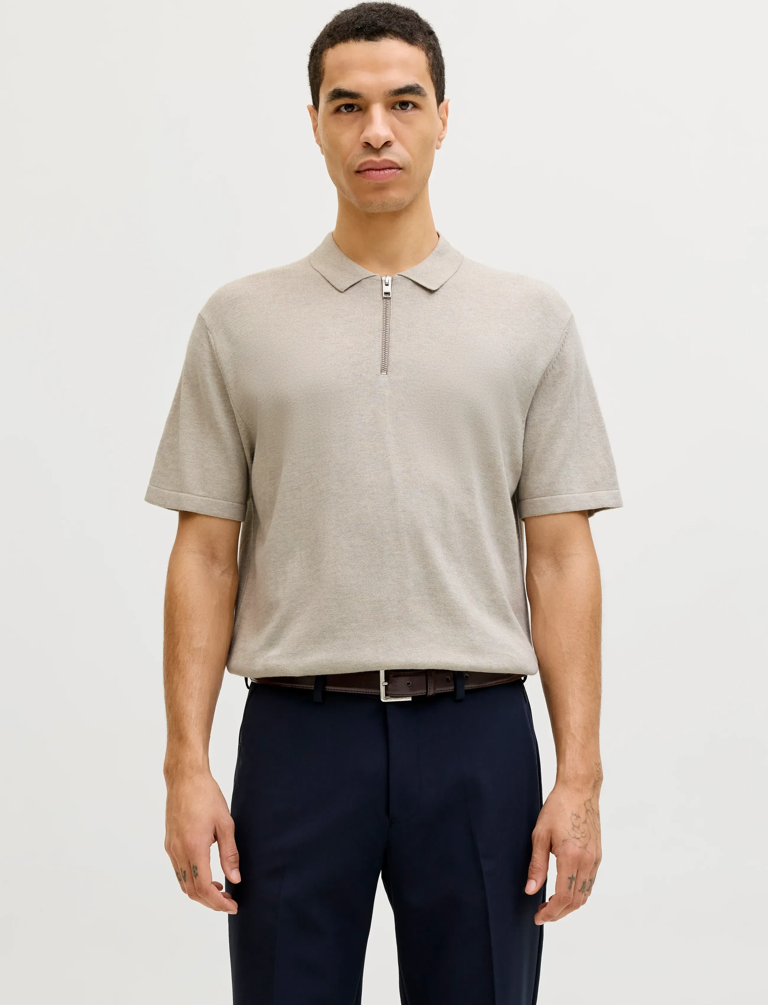 Jack & Jones Jjeemil Knit Zip Polo Ss Sn, M, Beige, Strik > Kortærmede Strikkede Poloer, Herre