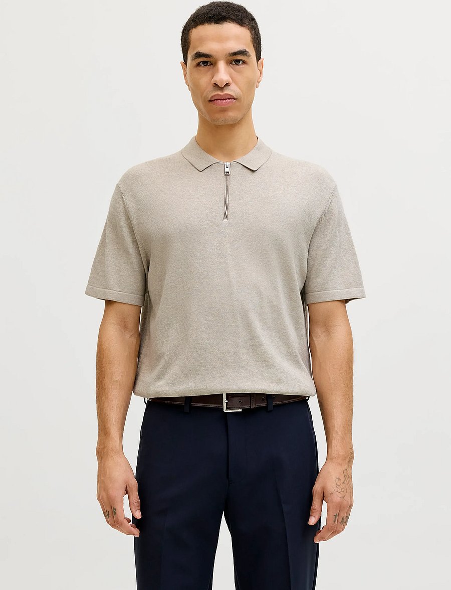 Jack & Jones - JJEEMIL KNIT ZIP POLO SS SN - polostrik - oatmeal - 0