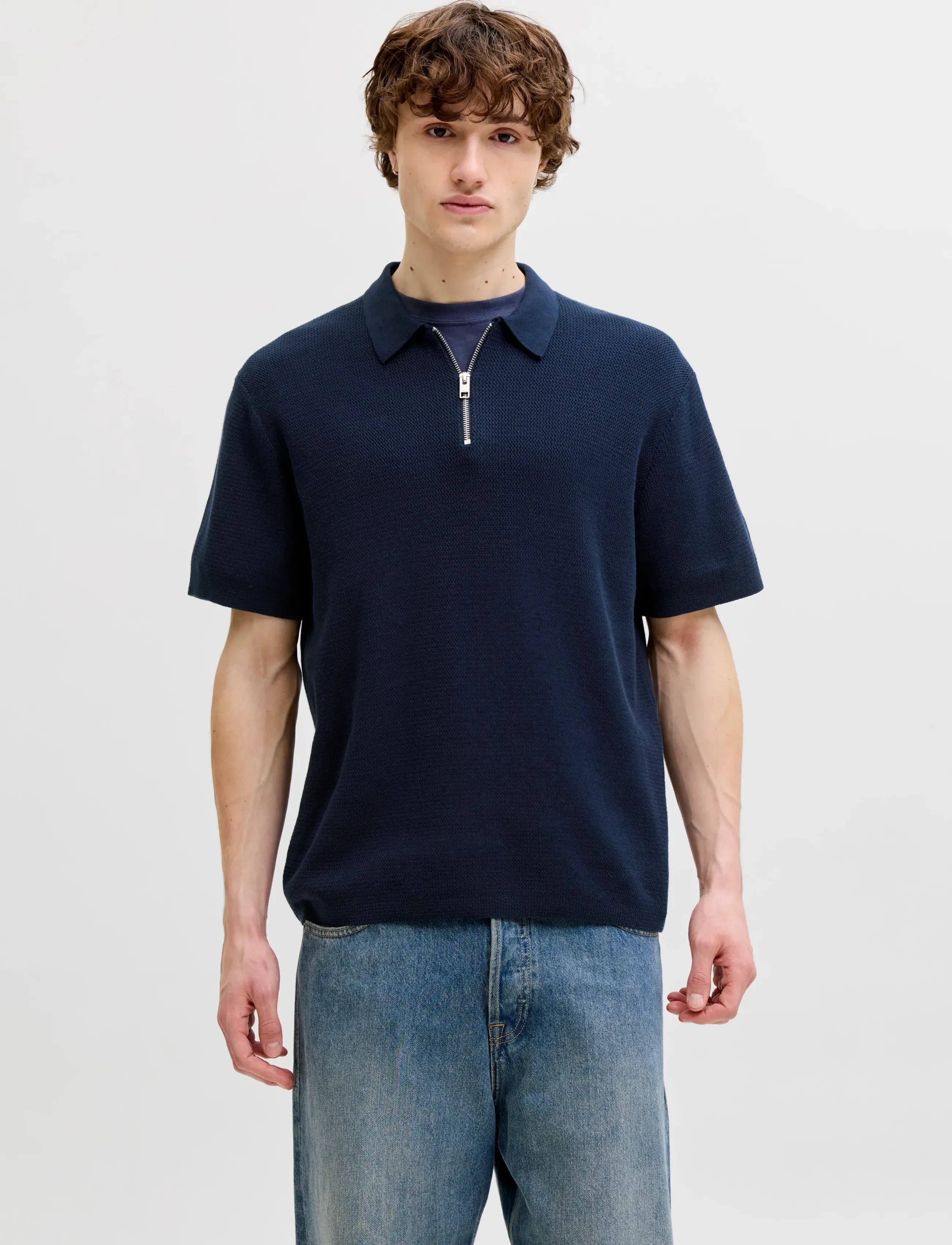 Jack & Jones JJMAX KNIT ZIP POLO SS - Riided - NAVY BLAZER / navy