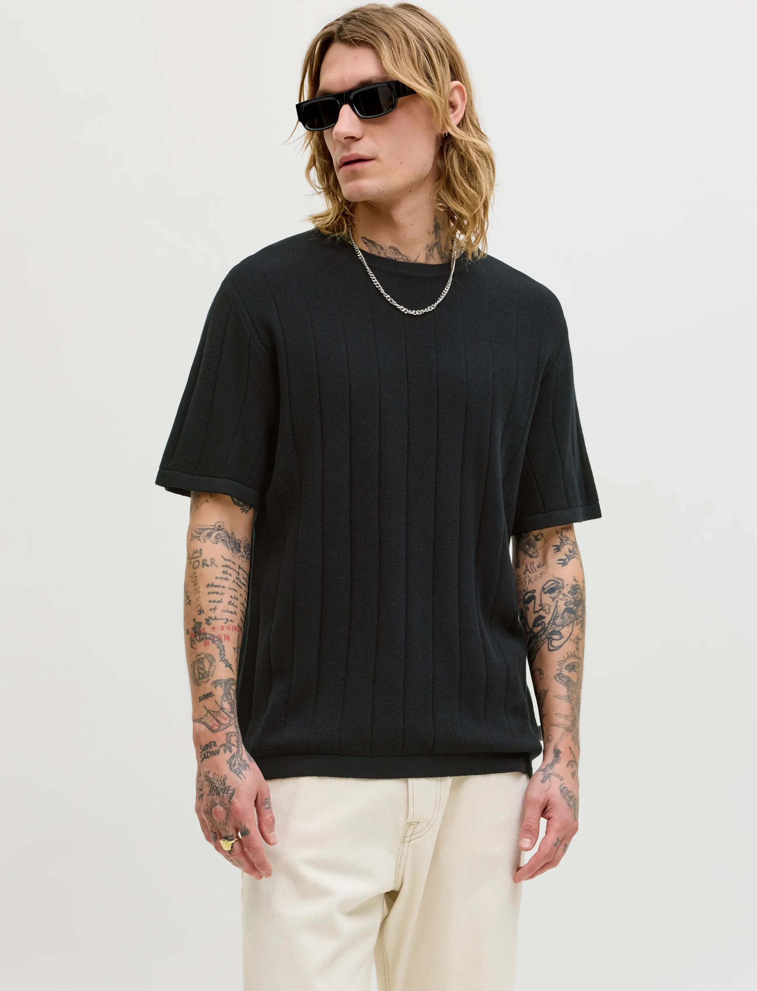 Jack & Jones JJEBRADLEY KNIT TEE SS LN - T-shirts - BLACK / black