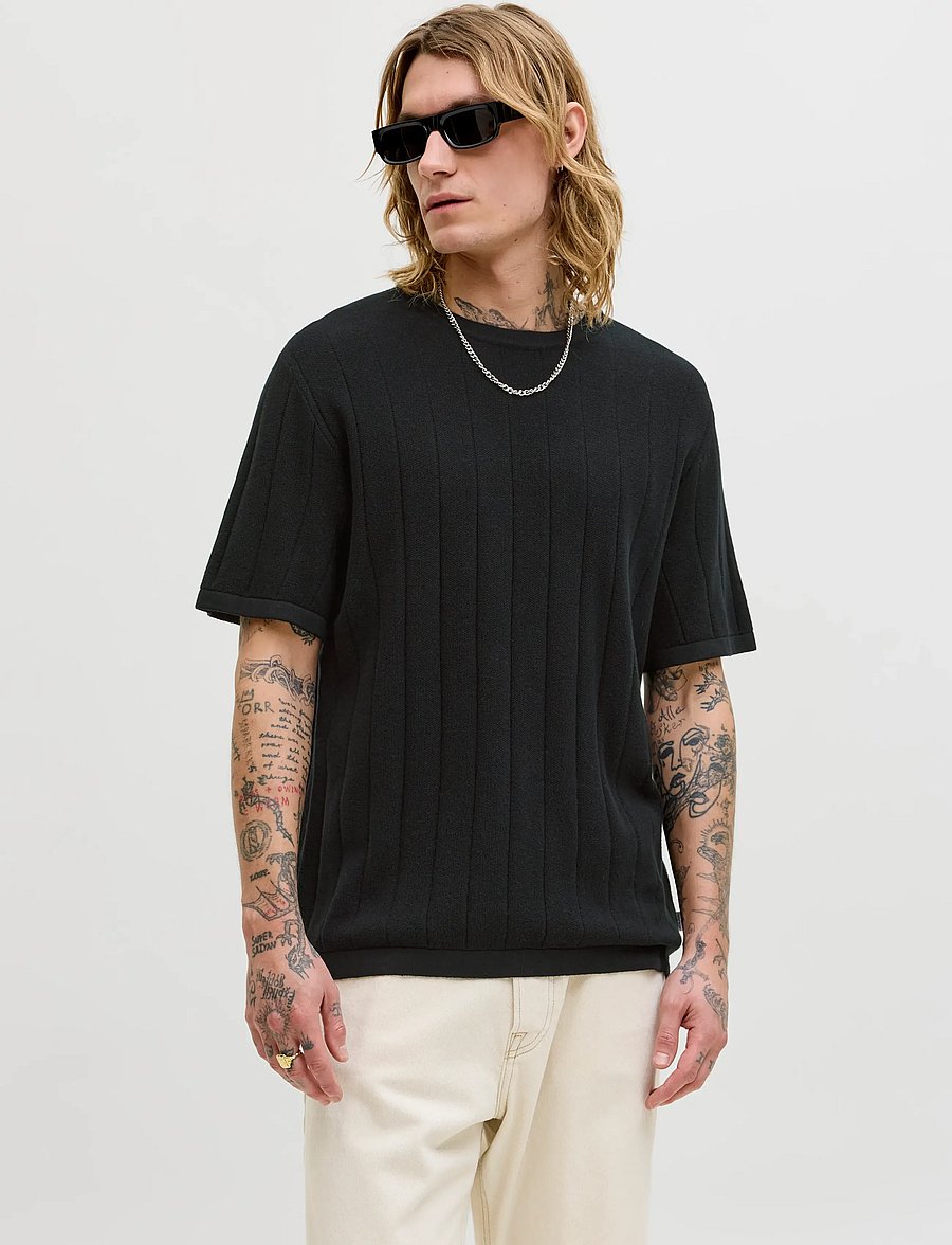 Jack & Jones - JJEBRADLEY KNIT TEE SS LN - short-sleeved t-shirts - black - 0