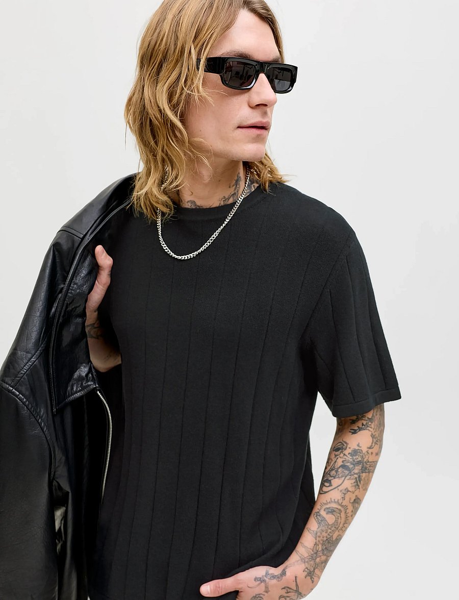Jack & Jones - JJEBRADLEY KNIT TEE SS LN - short-sleeved t-shirts - black - 5