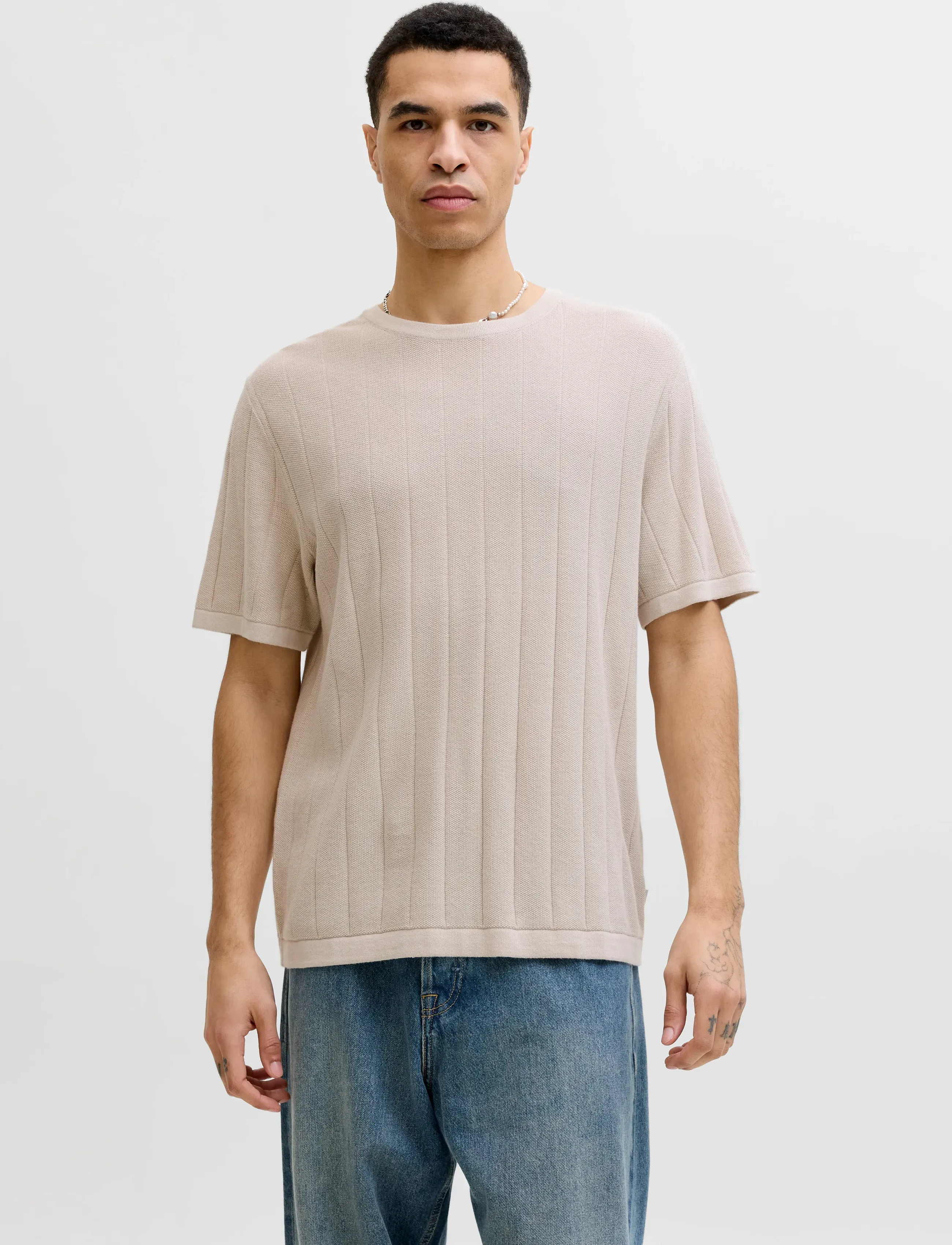 Jack & Jones Jjebradley Knit Tee Ss Ln, XXL, Cream, T-Shirts > Kortærmede, Herre