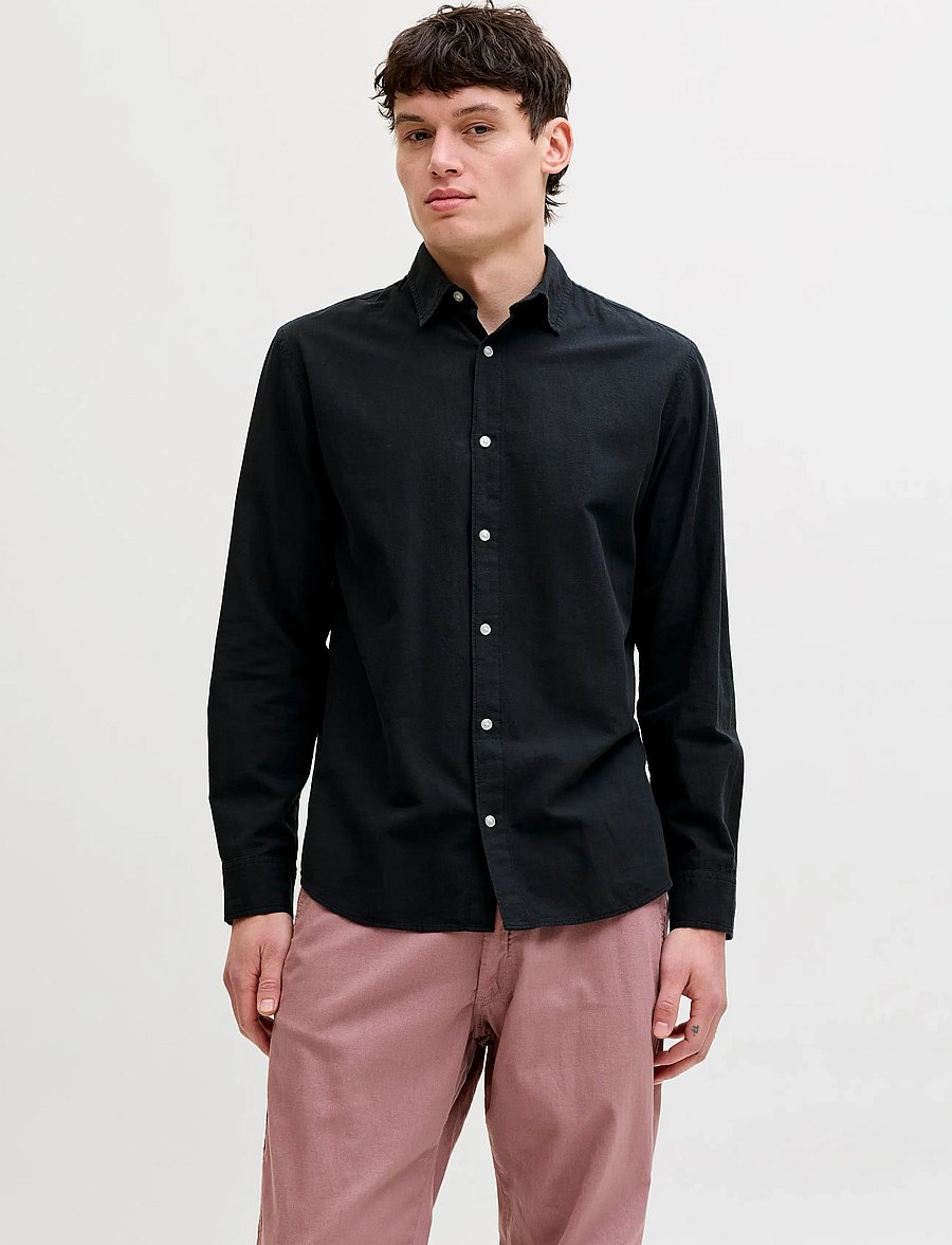 Jack & Jones - JJEBREEZE LINEN BLEND SHIRT L/S SN - hørskjorter - black - 0