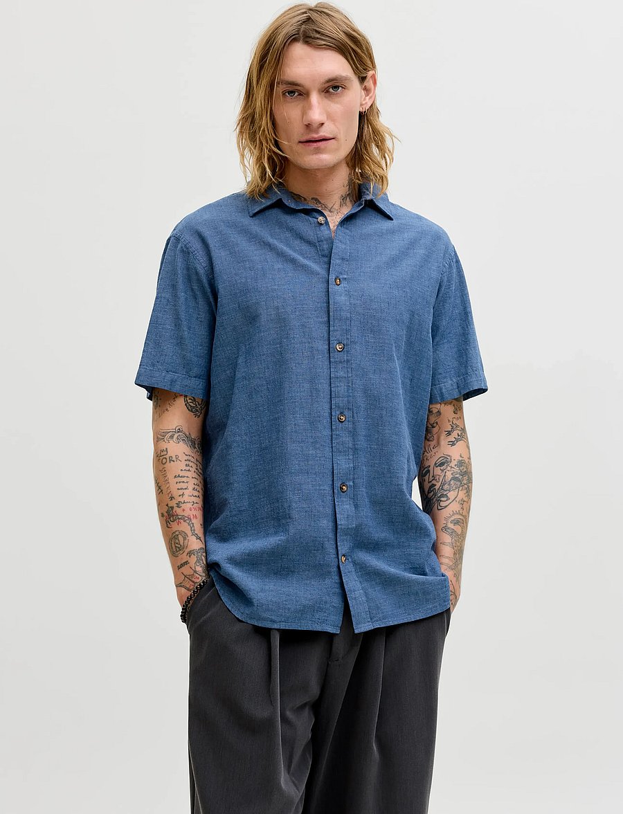 Jack & Jones - JJESUMMER LINEN BLEND SHIRT S/S SN - hørskjorter - navy blazer - 0