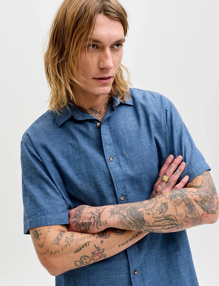 Jack & Jones - JJESUMMER LINEN BLEND SHIRT S/S SN - hørskjorter - navy blazer - 5