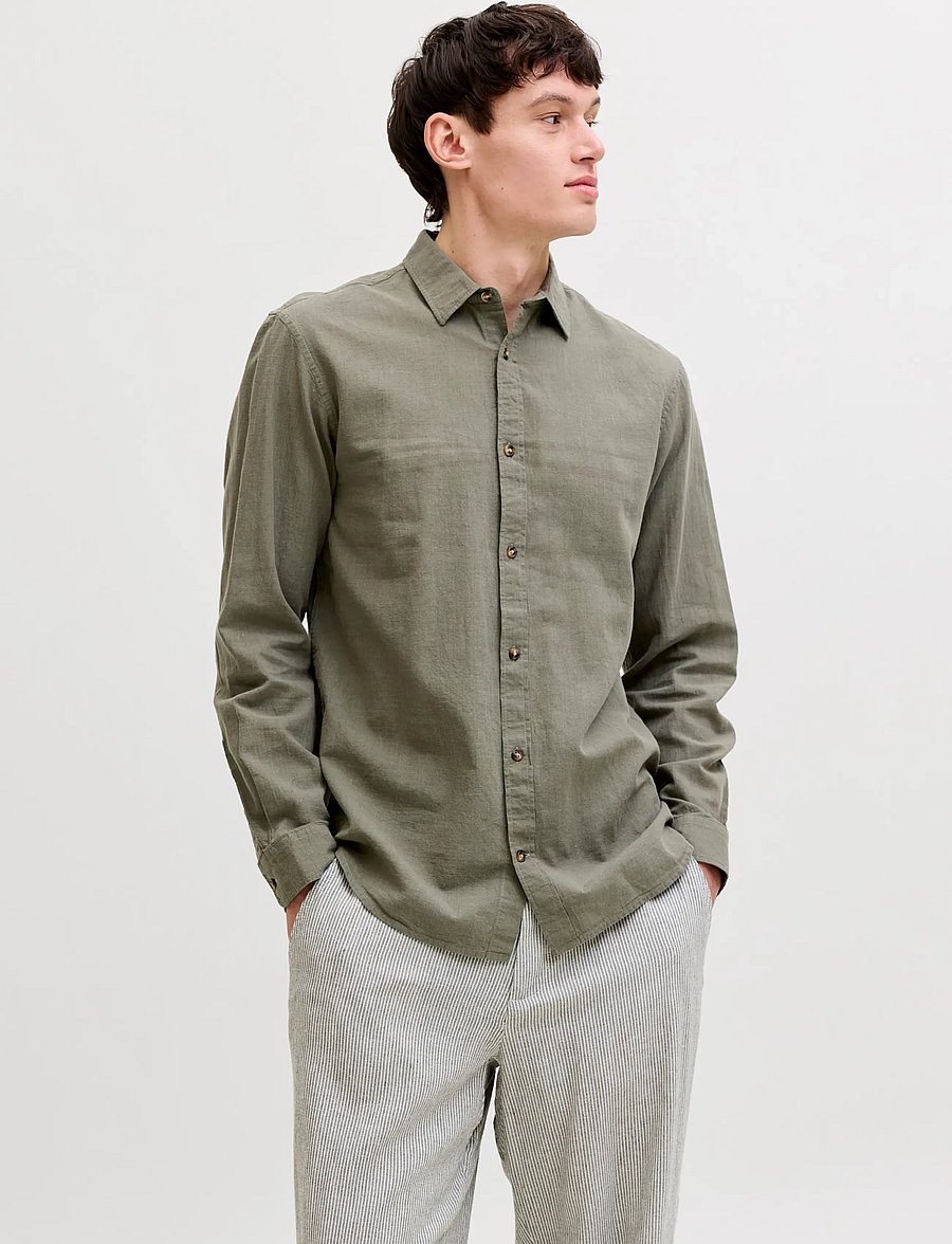 Jack & Jones - JJESUMMER LINEN BLEND SHIRT L/S SN - hørskjorter - dusty olive - 0