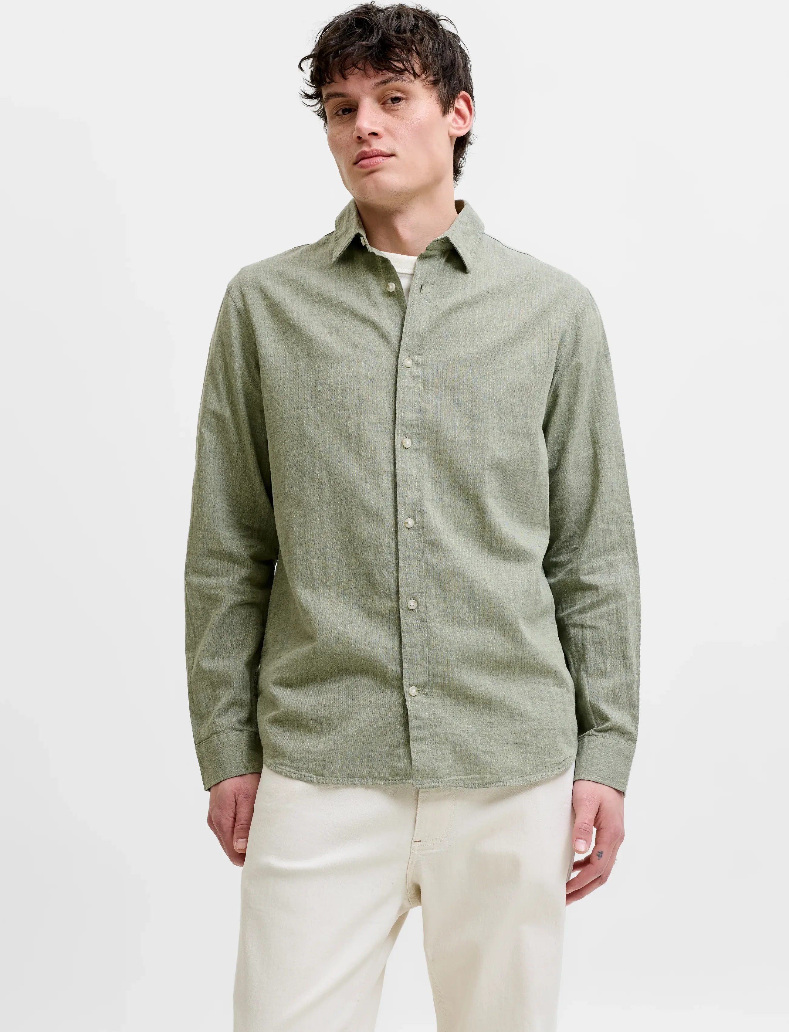 Jack & Jones JJESUMMER LINEN BLEND SHIRT L/S SN - Riided - NEW SAGE / green
