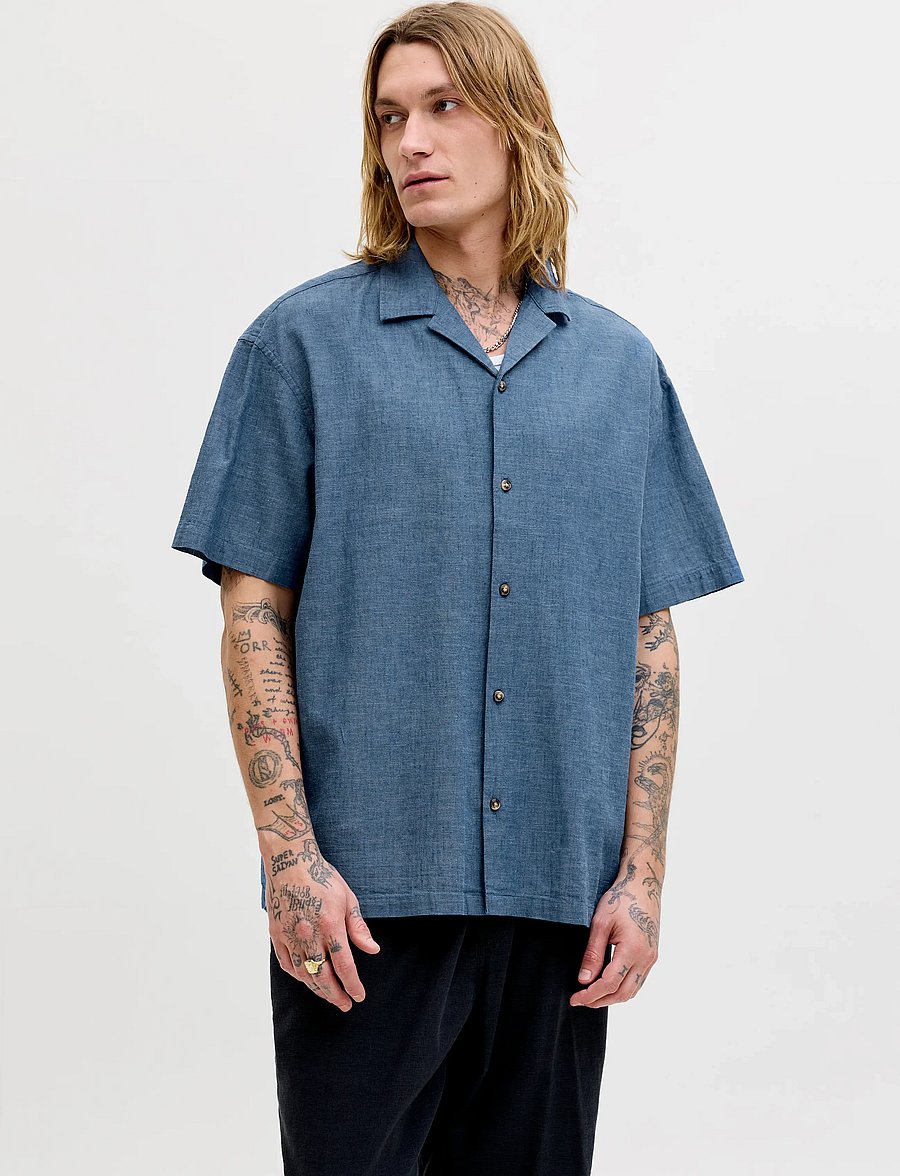 Jack & Jones - JJESUMMER LINEN BLEND RESORT SHIRT SS SN - linen shirts - navy blazer - 0