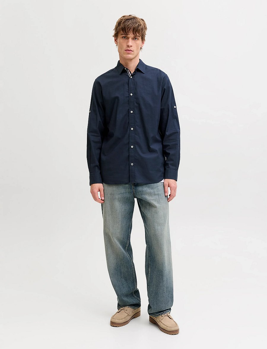 Jack & Jones - JJHENRY SLUB DETAIL SHIRT LS - casual skjortor - navy blazer - 4