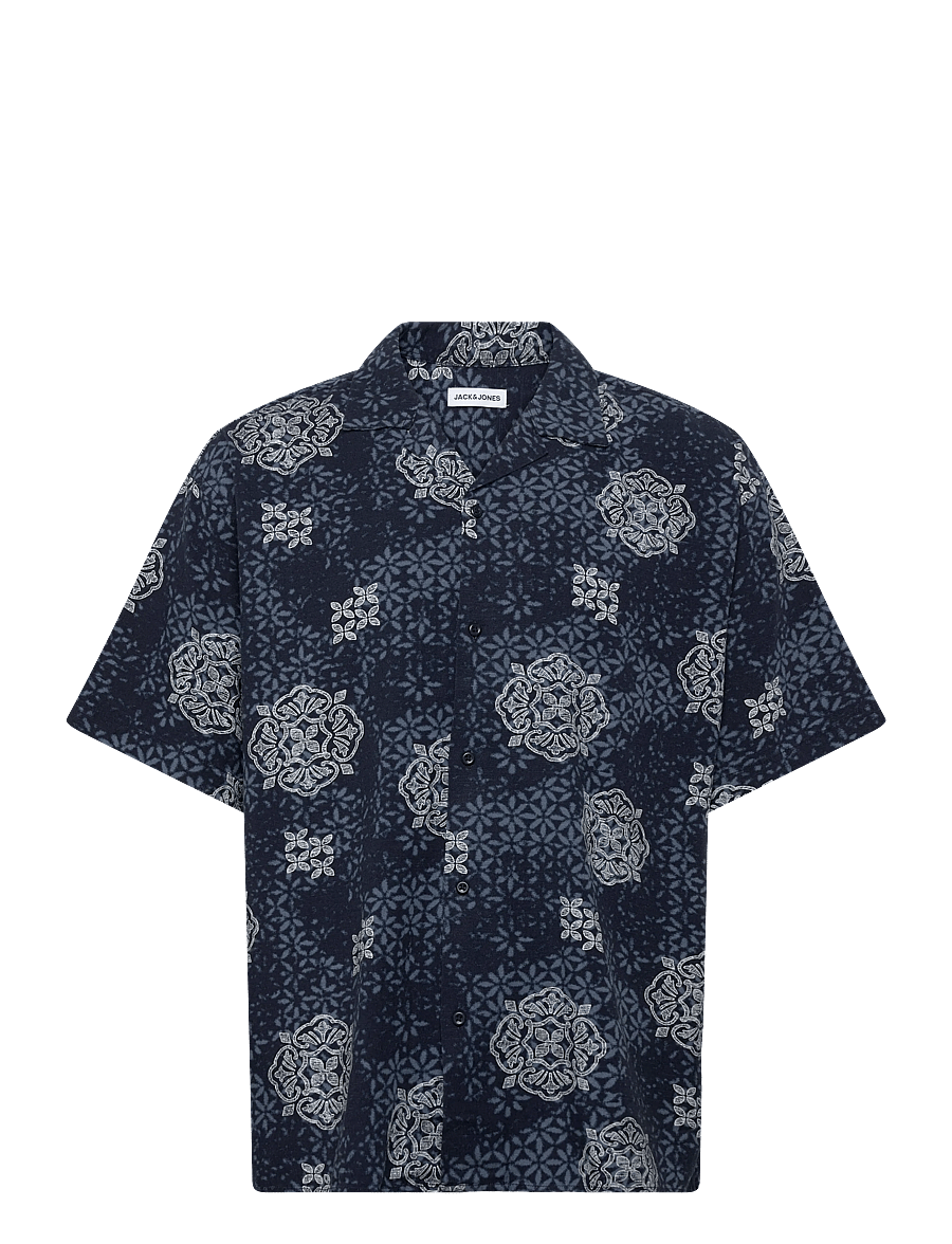 Jack & Jones - JJALFREDO SLUB RESORT SHIRT SS - mønstrede skjorter - navy blazer - 0