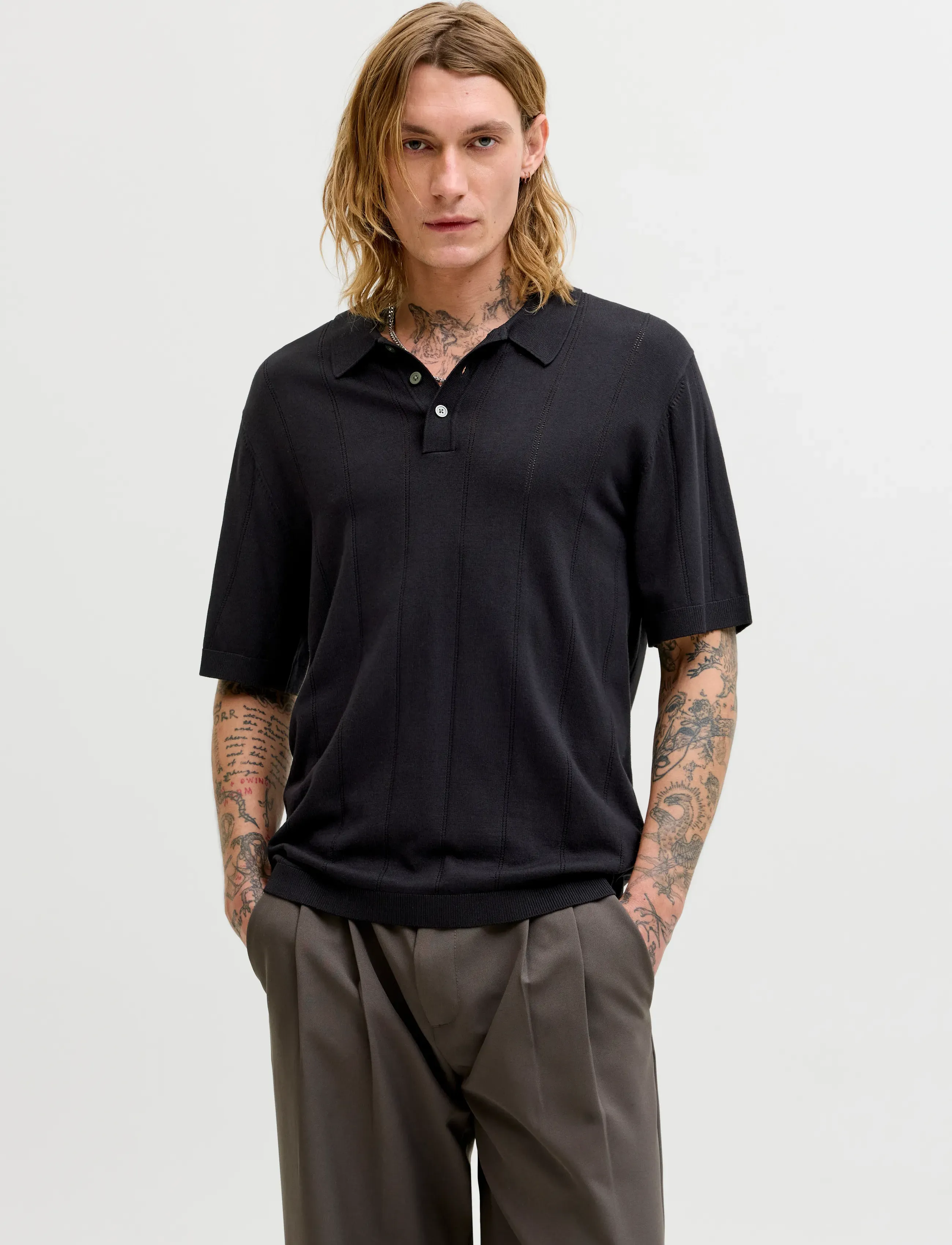 Jack & Jones Jprblawilliam Structure Knit Polo Ss Sn, M, Knitwear, Schwarz - Short Sleeve Knitted Polos, Männerswear
