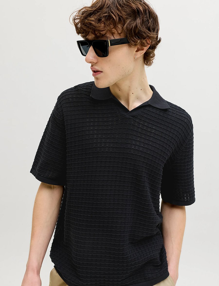 Jack & Jones - JORNANTUCKET KNIT SPLIT NECK POLO SA26 - kootud polosärgid - black - 5