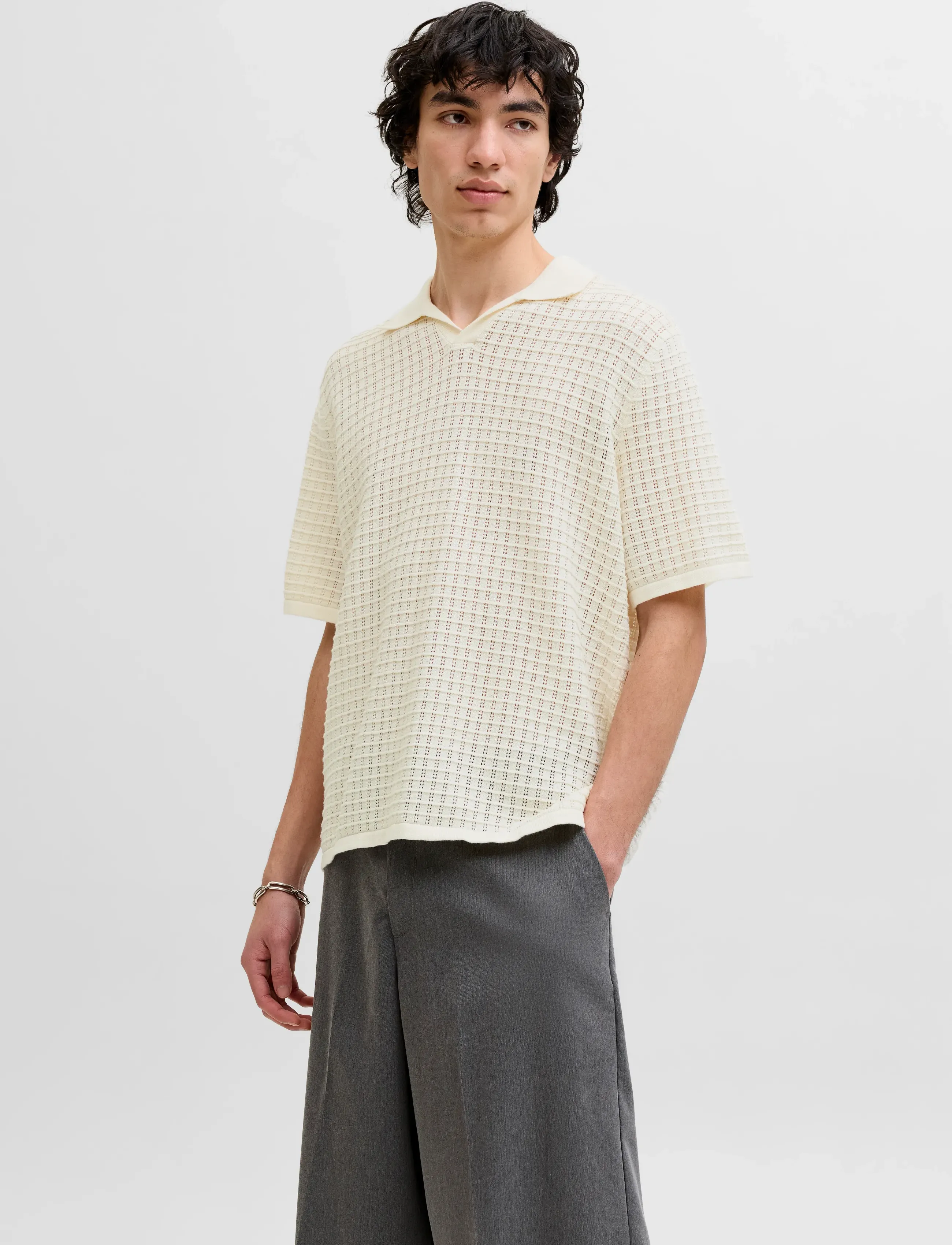 Jack & Jones Jornantucket Knit Split Neck Polo Sa26, Mænd, Strikket Poloshirt, Cream, Str: M