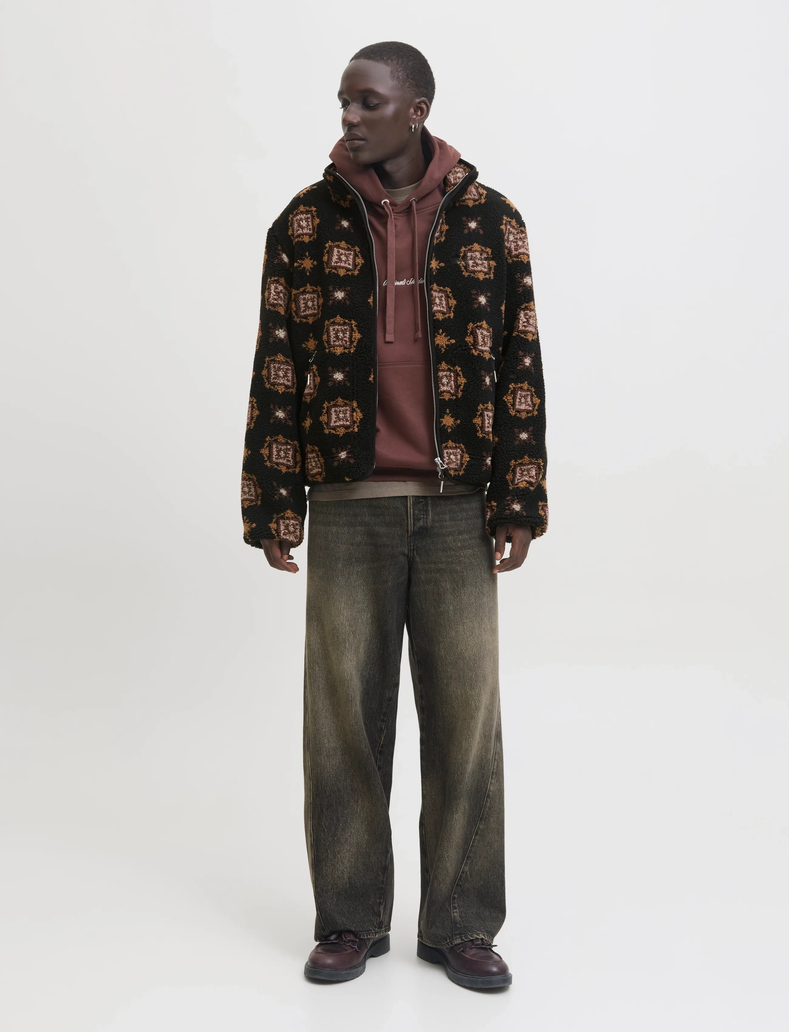 Jack & Jones Jornorrebro Teddy Aop Jacket, Mønstret Teddyjakke, Sort, Str: L