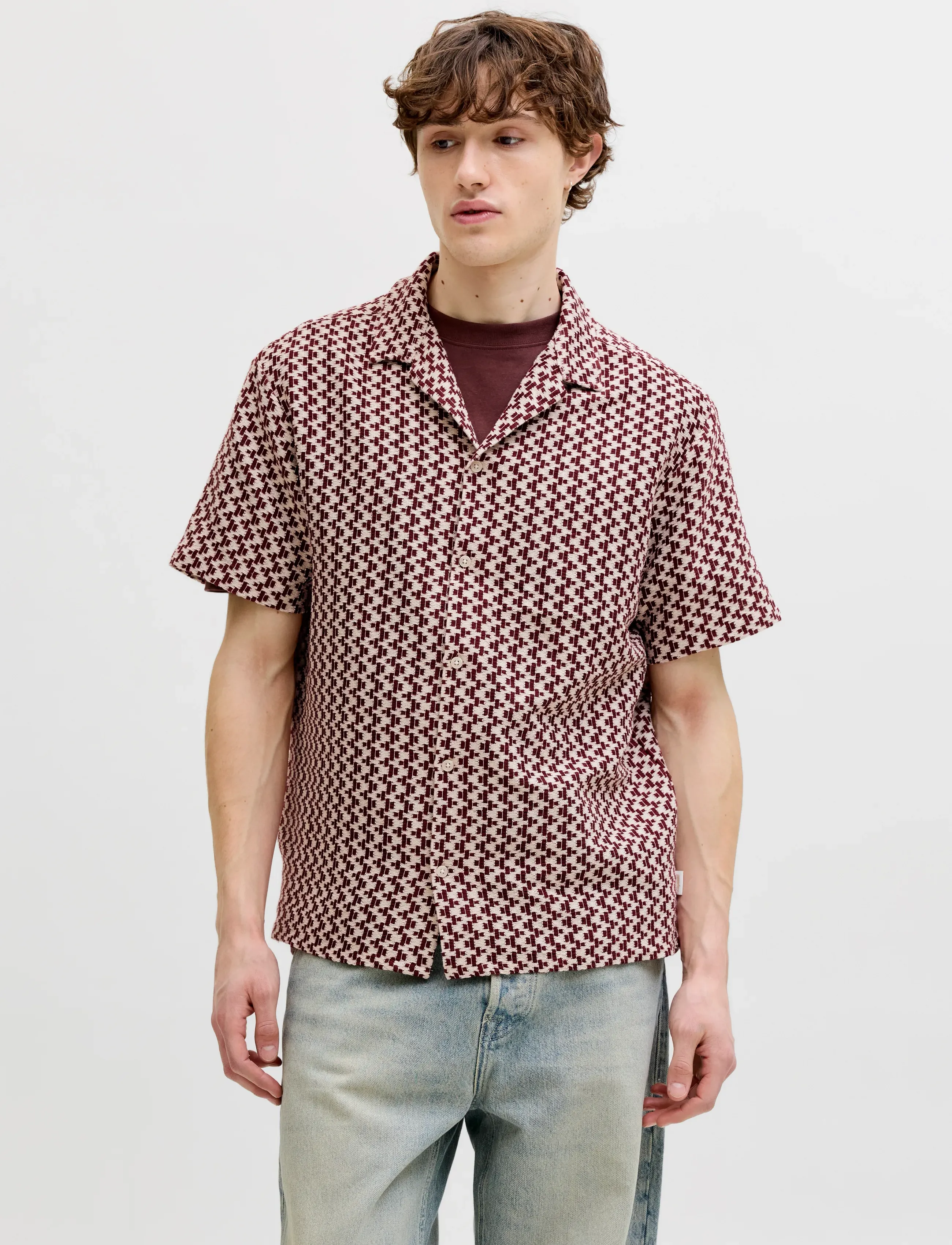 Jack & Jones Jormontauk Crochet Shirt Ss Sa26 Ln, L, Shirts, Burgunderrot - Casual Männerswear