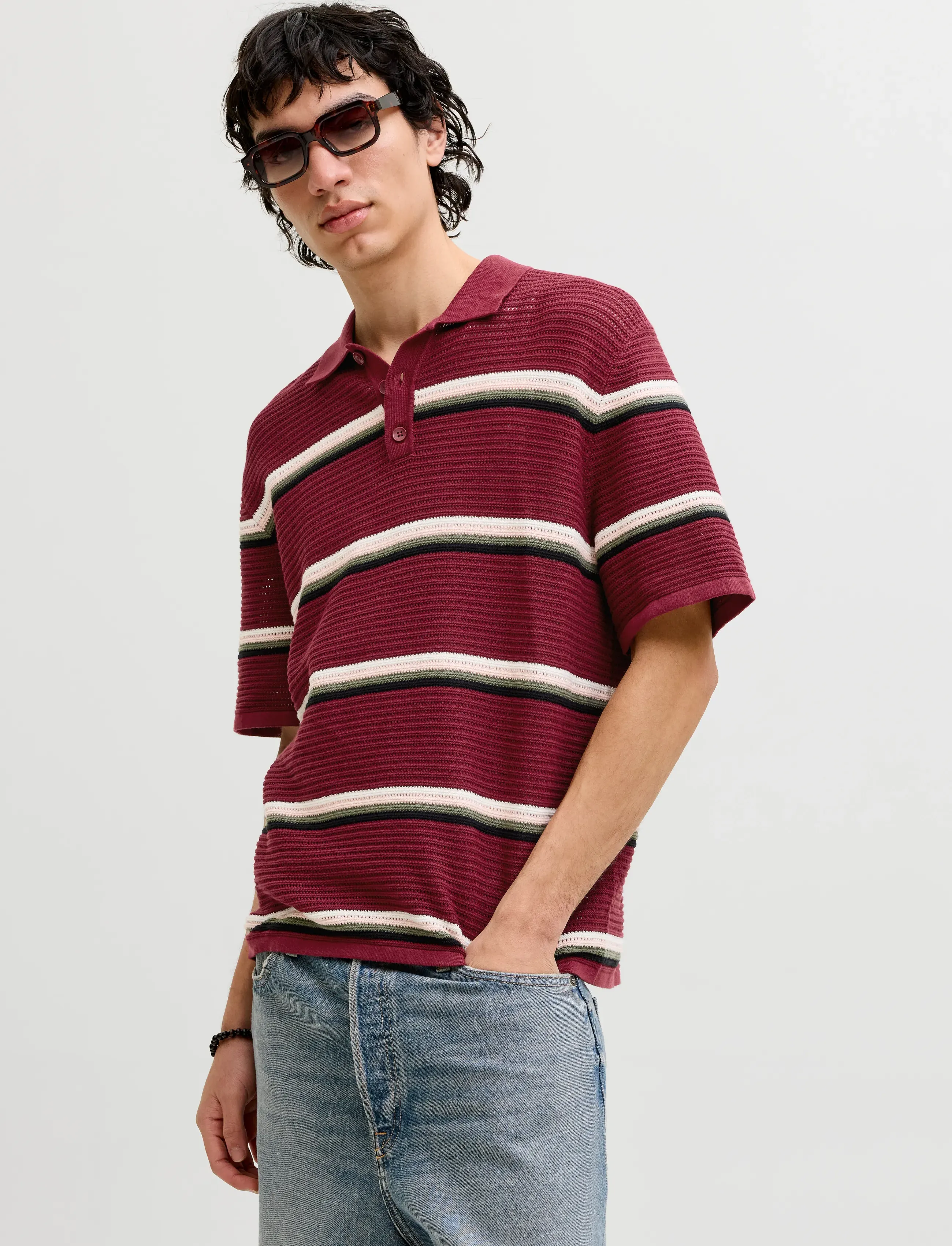 Jack & Jones JORMAINE KNIT STRIPE POLO SN - Looks for less - CABERNET / burgundy