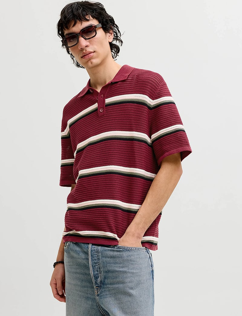 Jack & Jones - JORMAINE KNIT STRIPE POLO SN - gestrickte polohemden - cabernet - 0
