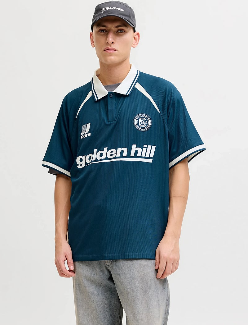 Jack & Jones - JCOCLUB RIBBED FOOTBALL POLO SS - toppar & t-shirts - poseidon - 0