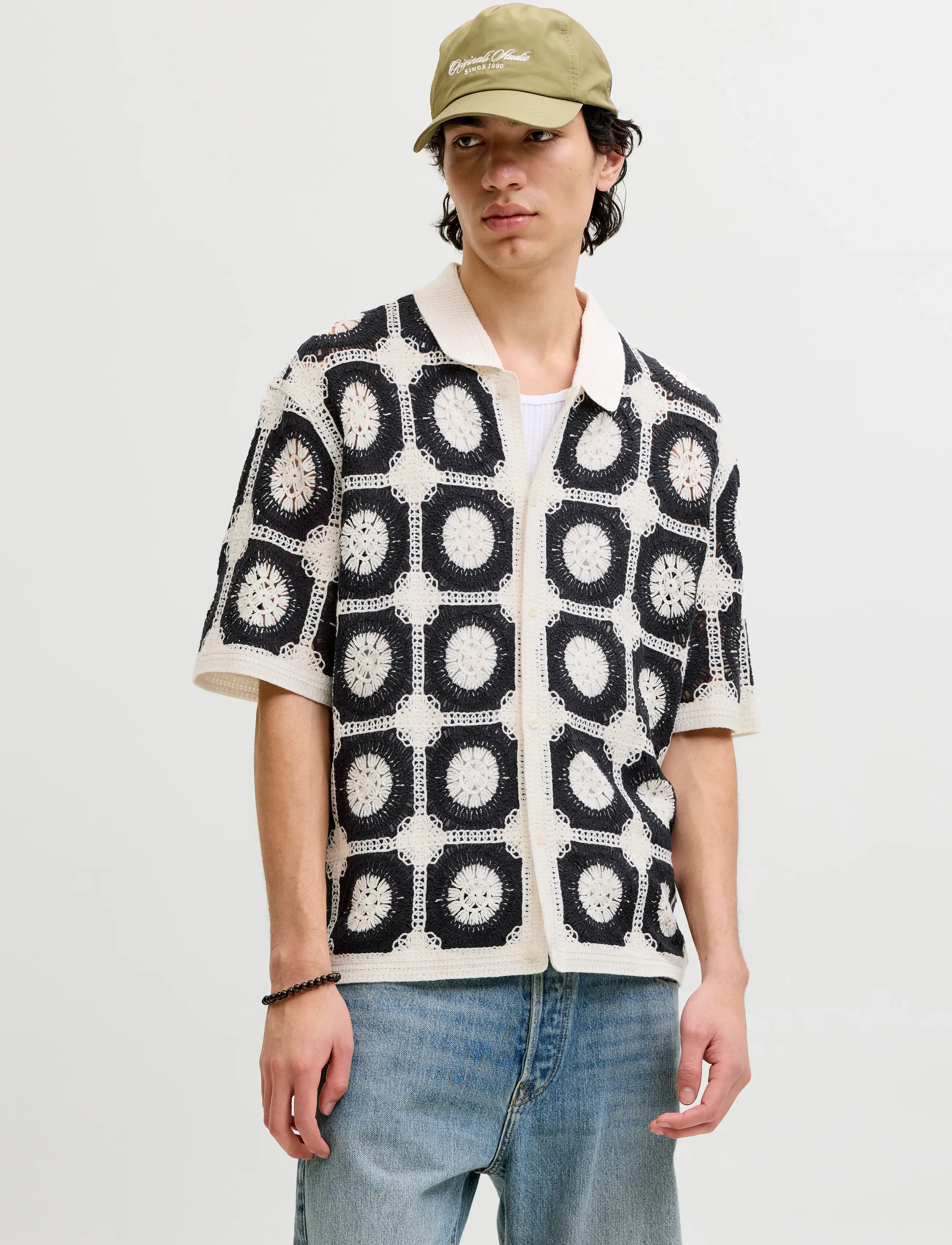 Jack & Jones Jororchard Knit Crochet Polo, Mænd, Hæklet Poloshirt, Cream, Str: S