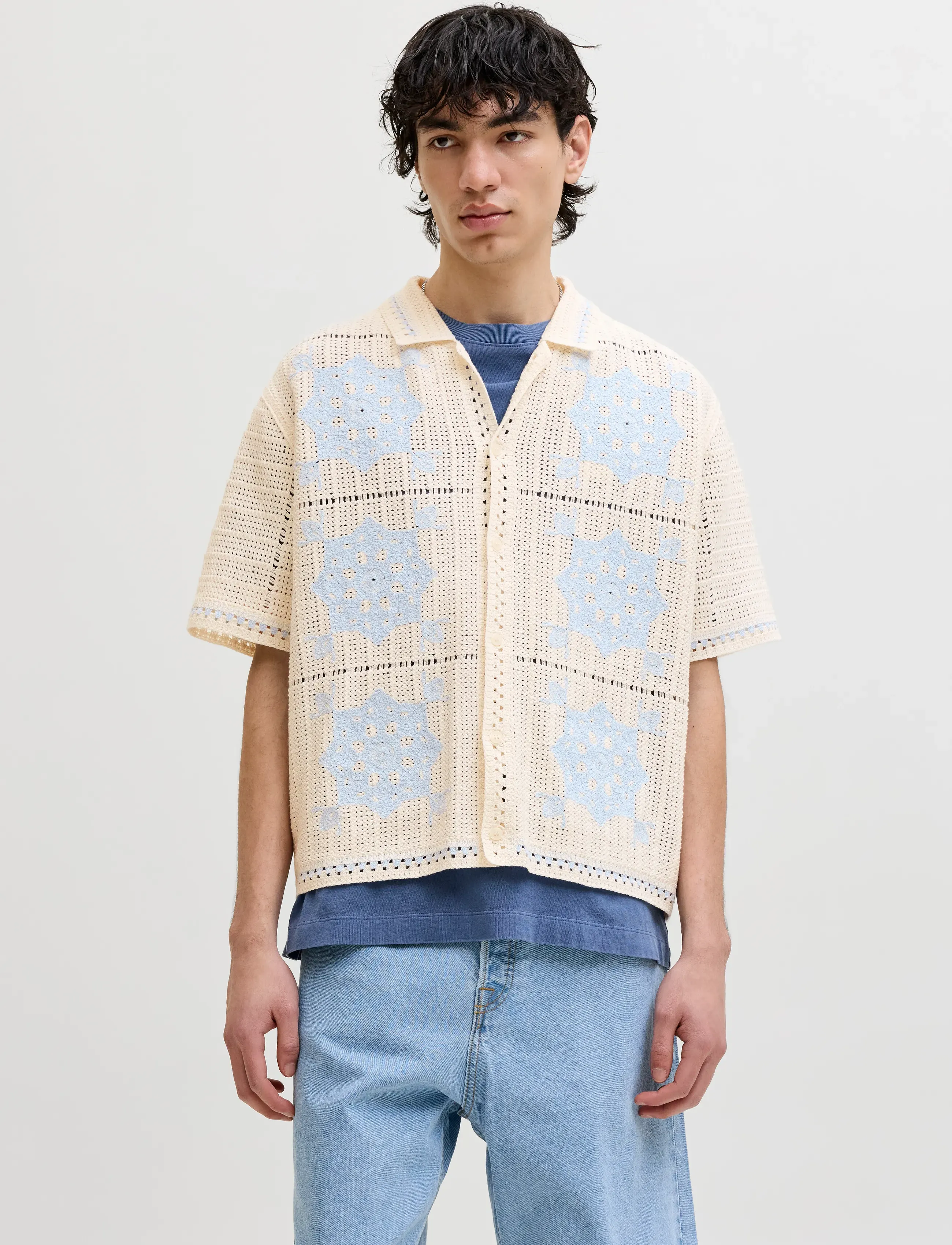 Jack & Jones Jororchard Knit Crochet Polo, Mænd, Hæklet Poloshirt, Cream, Str: XL