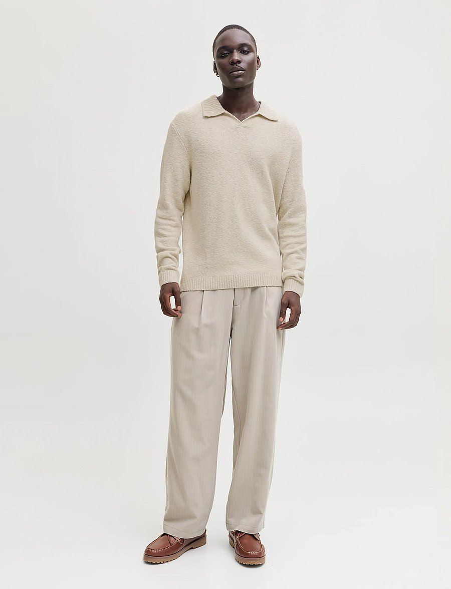 Jack & Jones - JPRBLAMAVERICK KNIT SPLIT NECK STYD AW25 - långärmade stickade pikétröjor - silver lining - 3