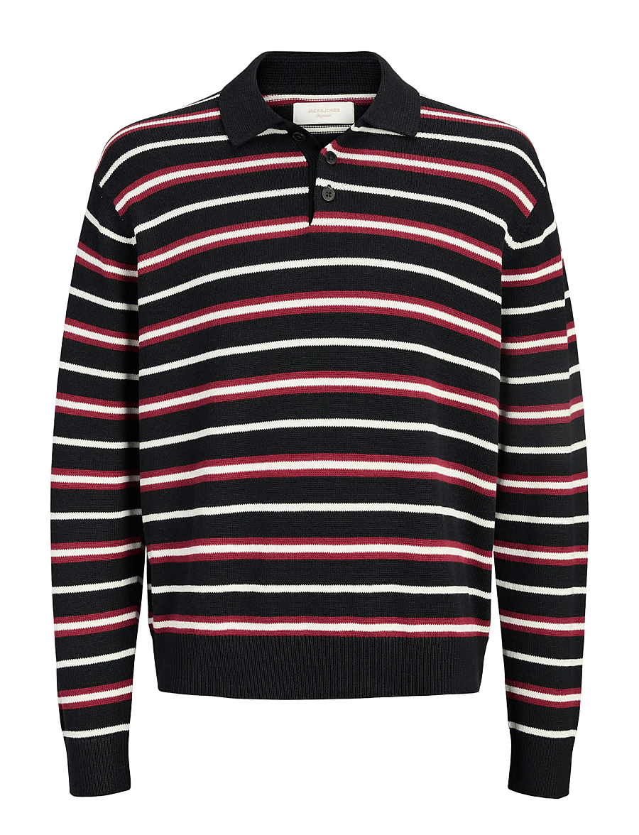 Jack & Jones - JORARGOS KNIT STRIPE POLO STYD AW25 - långärmade stickade pikétröjor - black - 1