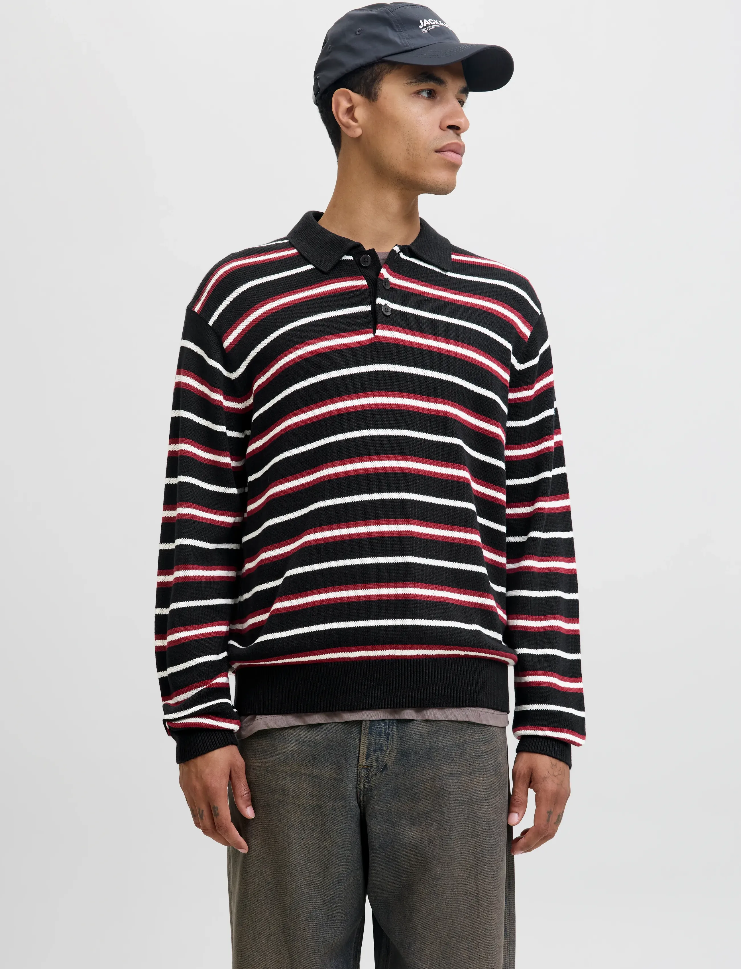 Jack & Jones Jorargos Knit Stripe Polo Styd Aw25, M, Black, Strik > Langærmede Strikkede Poloer, Herre