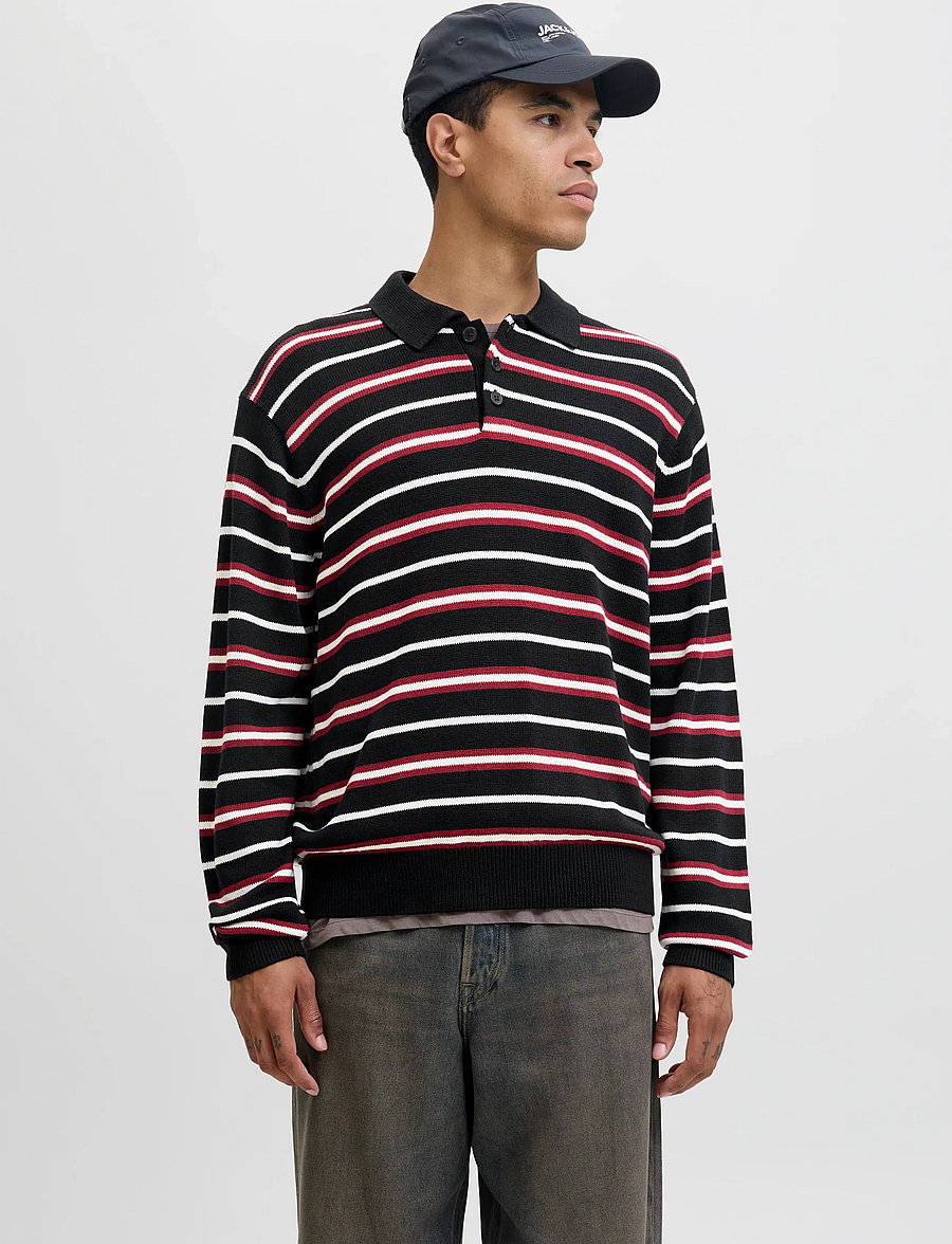 Jack & Jones - JORARGOS KNIT STRIPE POLO STYD AW25 - långärmade stickade pikétröjor - black - 0