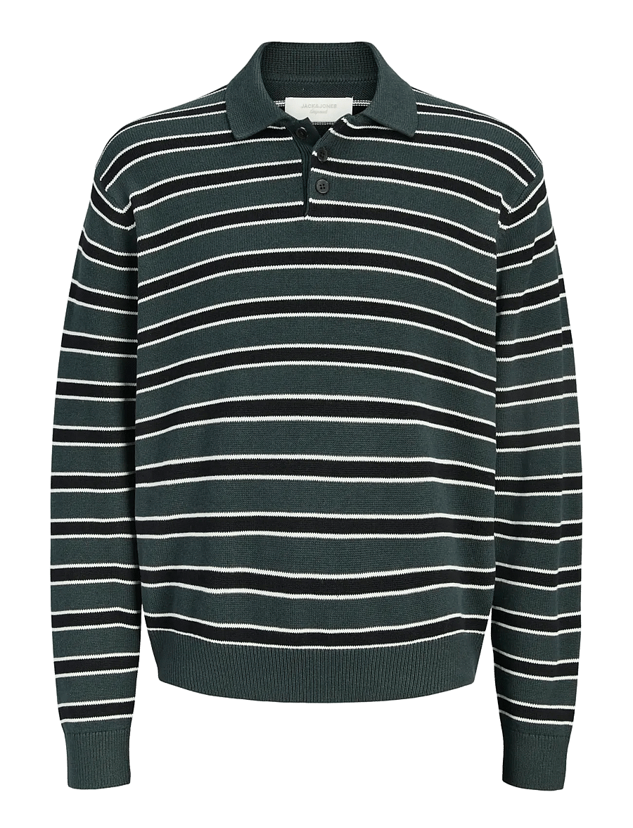 Jack & Jones - JORARGOS KNIT STRIPE POLO STYD AW25 - poloer i strik med lange ærmer - forest river - 1