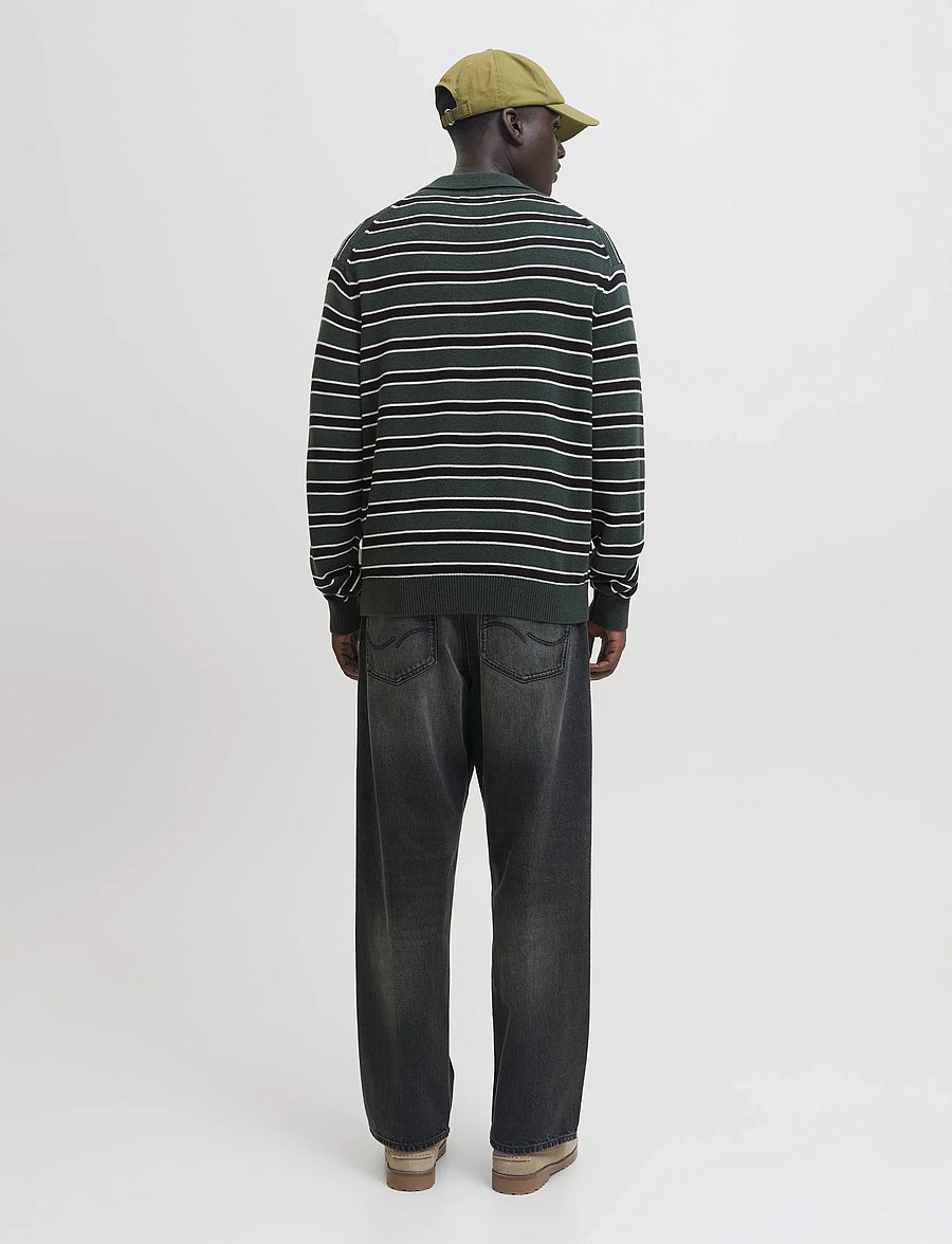 Jack & Jones - JORARGOS KNIT STRIPE POLO STYD AW25 - poloer i strik med lange ærmer - forest river - 2