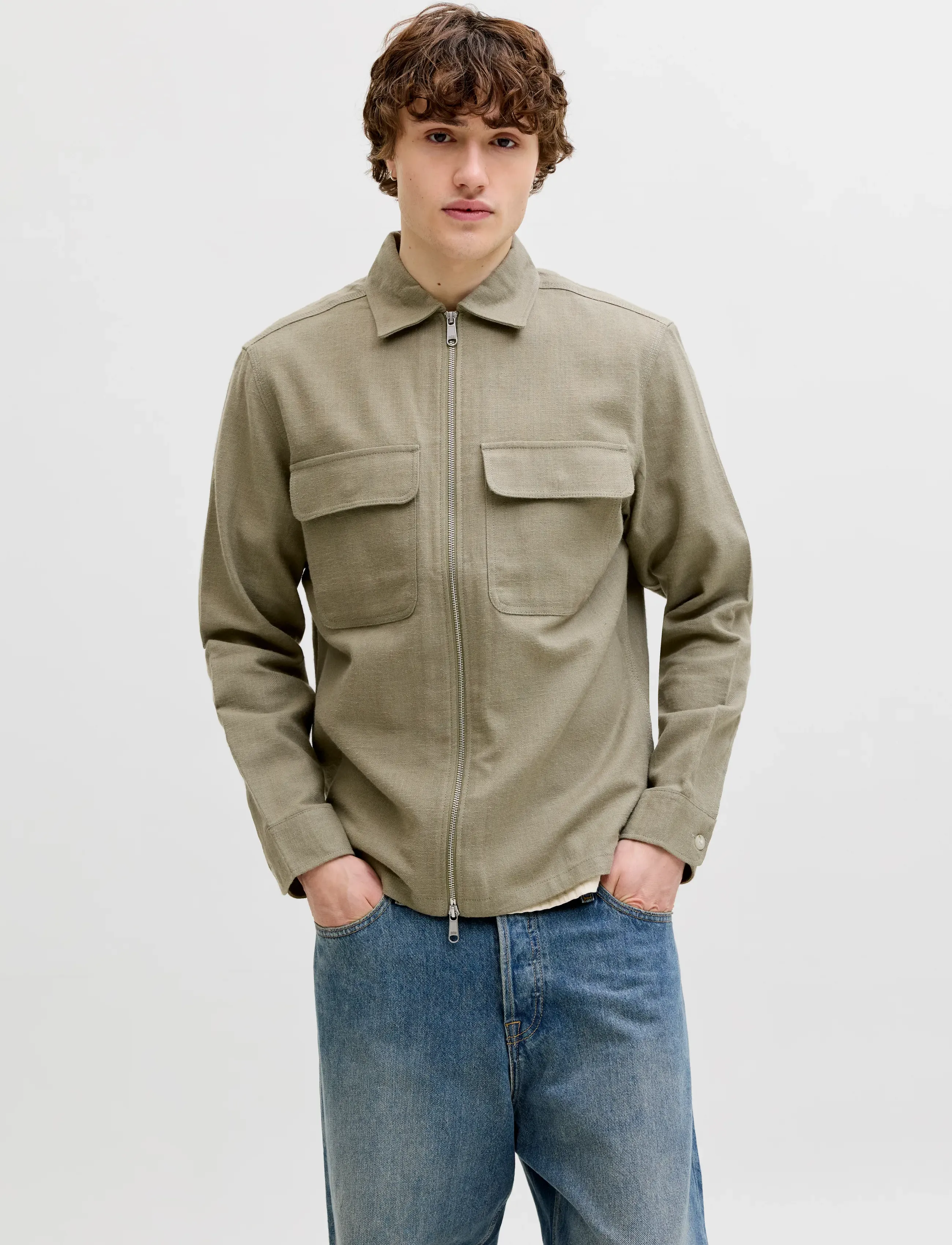 Jack & Jones JPRBLURAYLE LINEN BLEND ZIP LS SHIRT SMU - Clothing - MERMAID / khaki/green