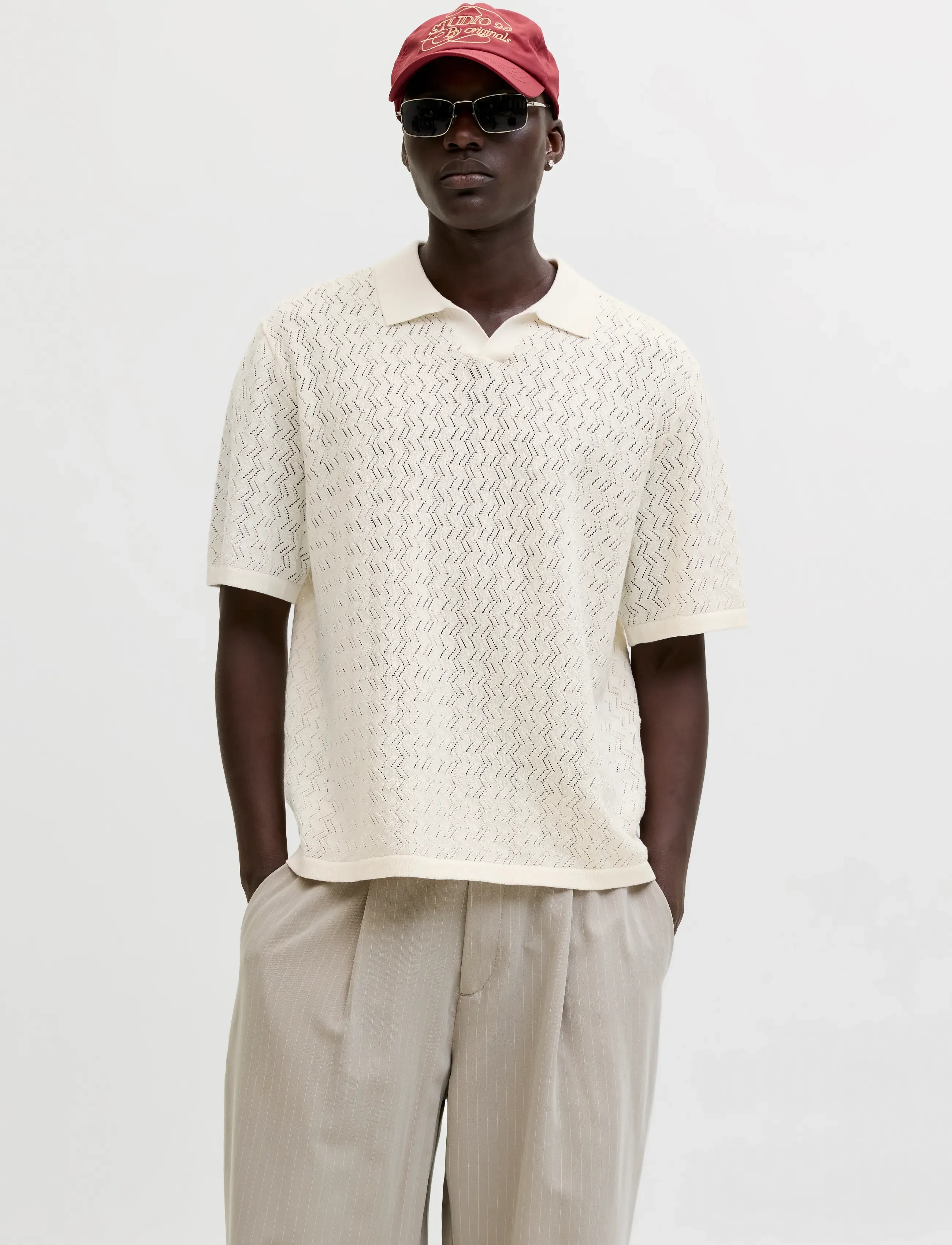Jack & Jones Jortyler Knit Ss Split Neck Polo Sn, M, Cream, Poloer > Kortærmede, Herre