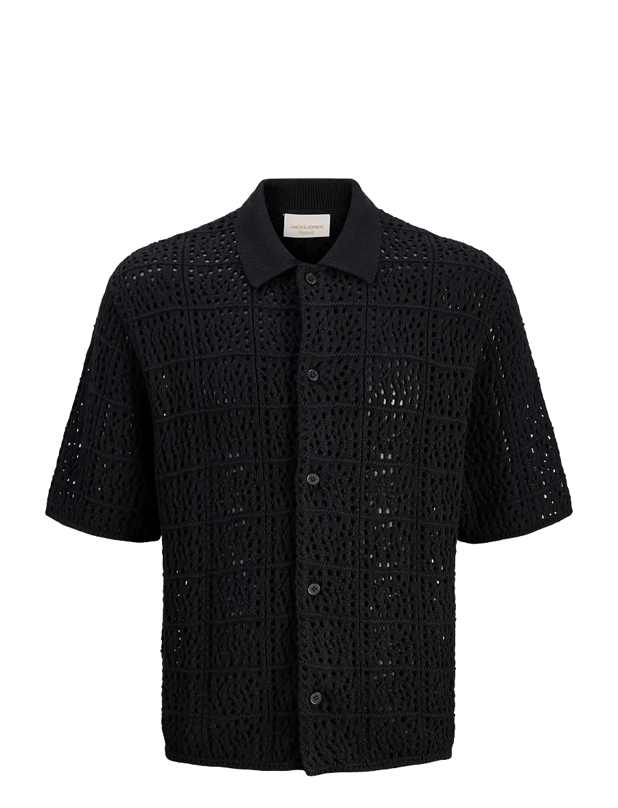 Jack & Jones - JORCOTEDAZUR KNIT CROCHET POLO SN - dzianinowe bluzki polo - black - 1