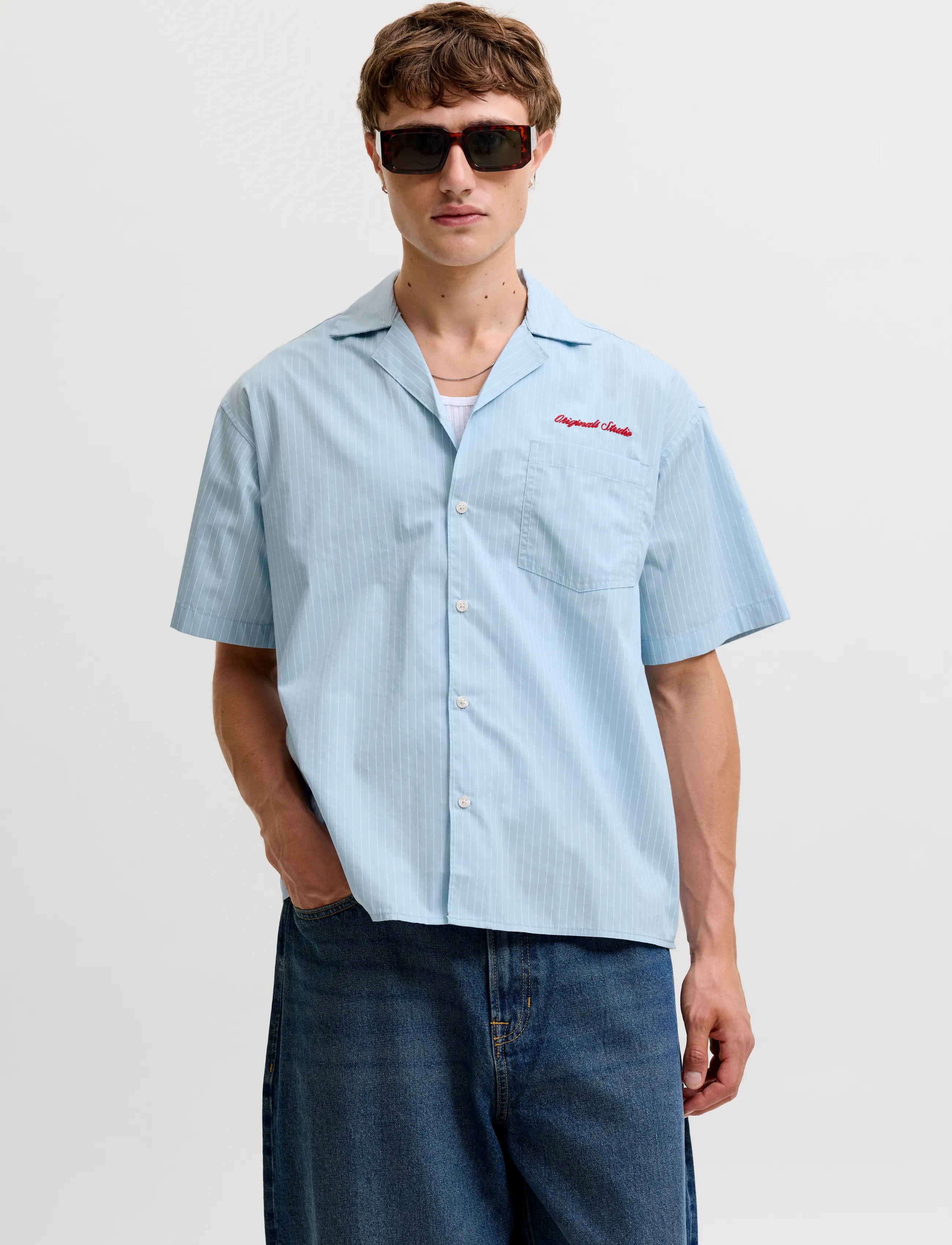 Jack & Jones JORMENTON POPLIN STRIPE RESORT SHIRT SS - Lühikeste varrukatega särgid - CASHMERE BLUE / blue
