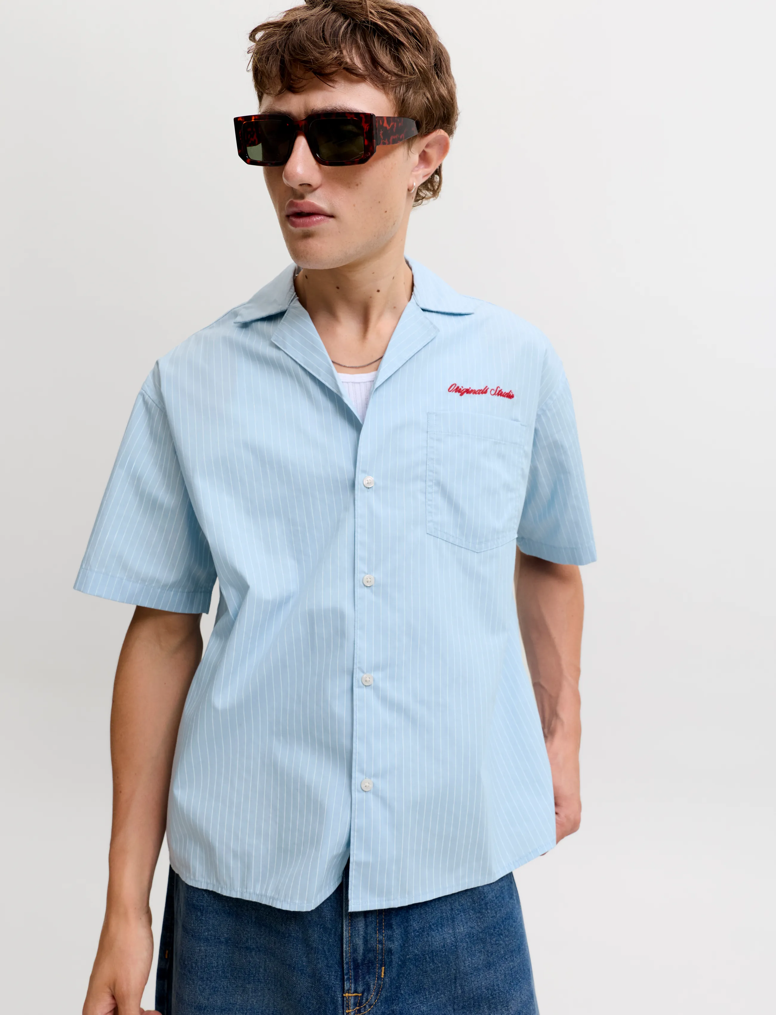 Jack & Jones - JORMENTON POPLIN STRIPE RESORT SHIRT SS - kortärmade skjortor - cashmere blue - 5