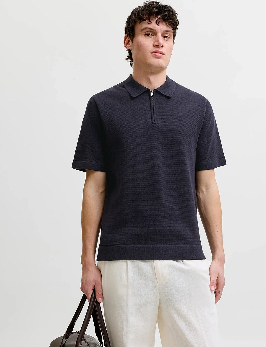 Jack & Jones - JPRBLAMILANO SPRING KNIT ZIP POLO SS SN - gestrickte polohemden - night sky - 0