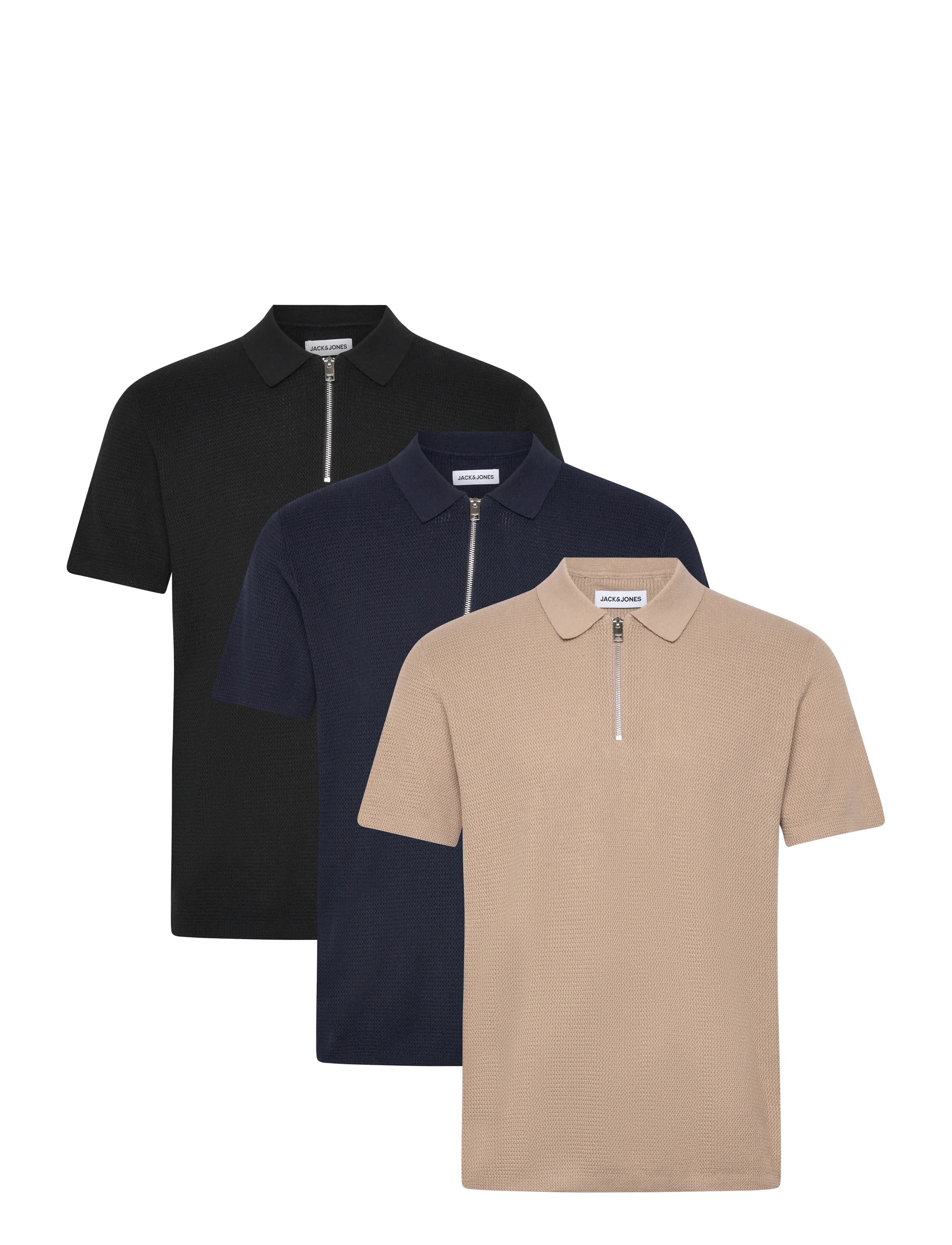 Jack & Jones JJMAX KNIT ZIP POLO SS 3PK MP - Kudumid - BLACK / black