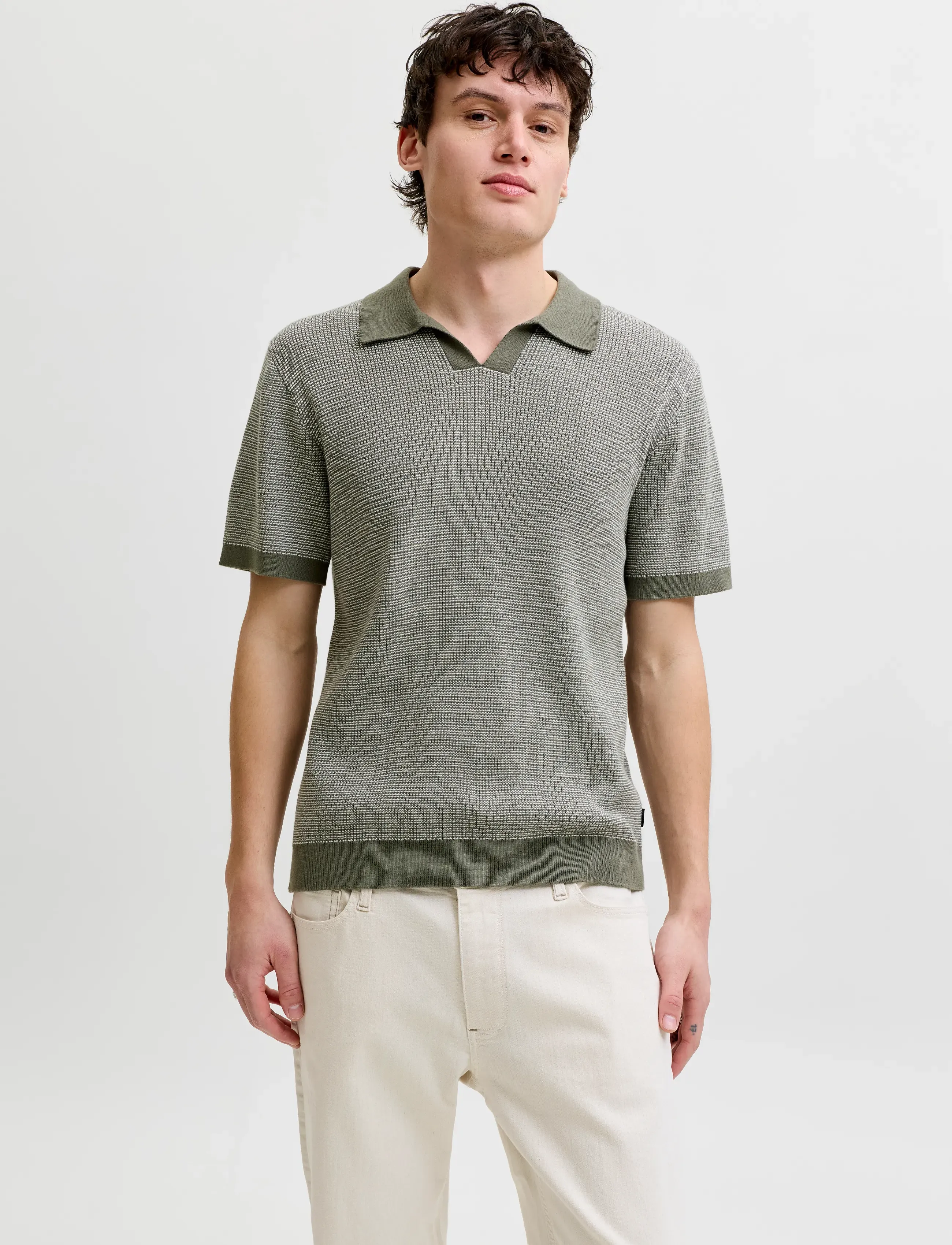 Jack & Jones Jprblahudson Knit Split Neck Ss Sn, Mænd, Strikket Split Hals Poloshirt, Kakigrøn, Str: M