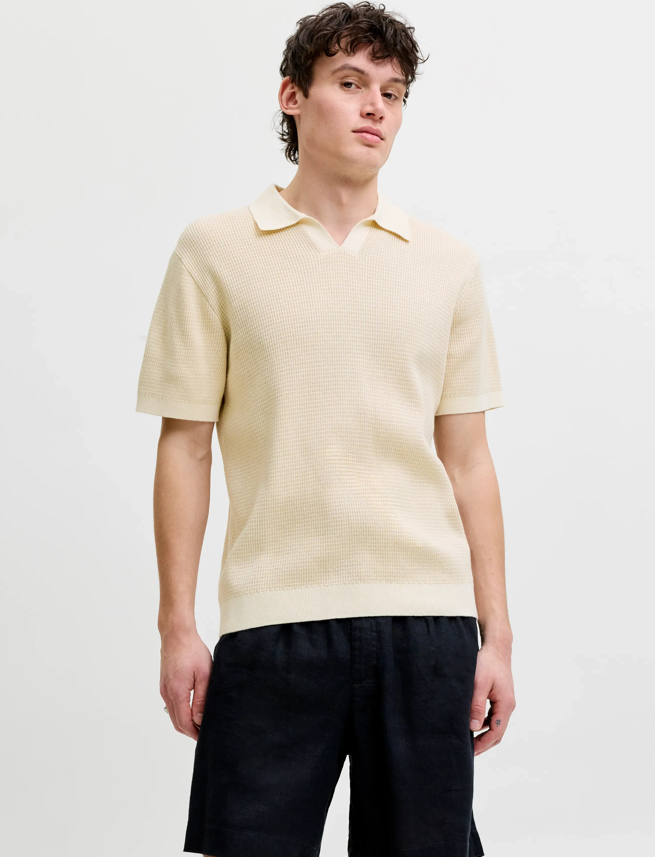 Jack & Jones Jprblahudson Knit Split Neck Ss Sn, Mænd, Strikket Split Hals Poloshirt, Cream, Str: XXL