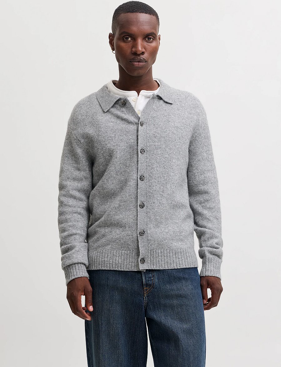 Jack & Jones - JJESOHO OLLIE KNIT POLO CARDIGAN - kardiganid - light grey melange - 0