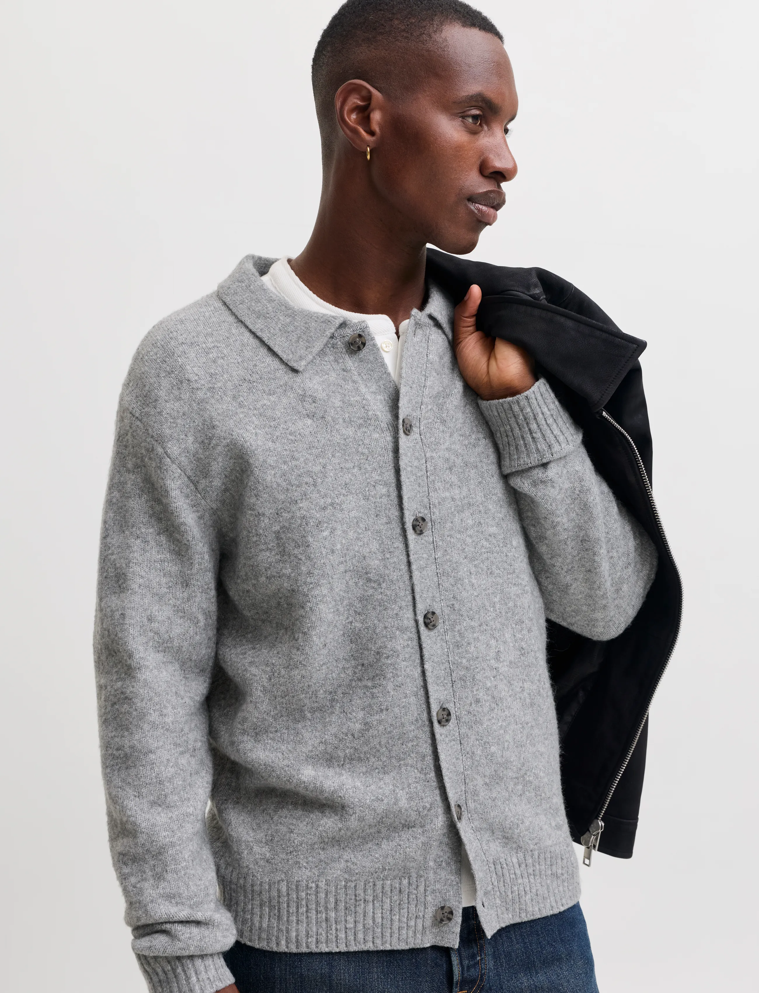 Jack & Jones - JJESOHO OLLIE KNIT POLO CARDIGAN - koftor - light grey melange - 5