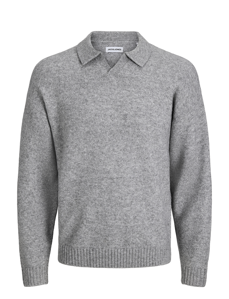 Jack & Jones - JJESOHO OLLIE KNIT SPLIT NECK SN - långärmade stickade pikétröjor - light grey melange - 0