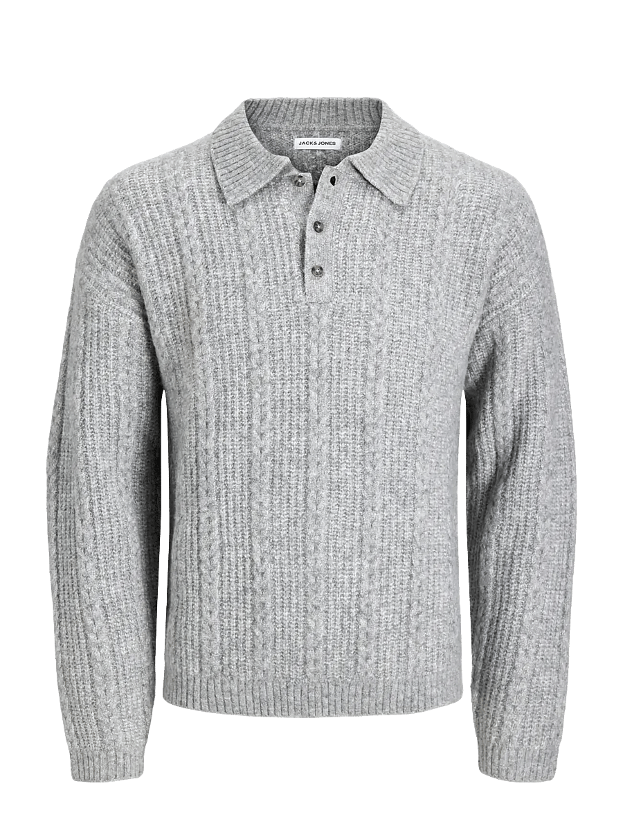 Jack & Jones - JJGAVIN KNIT CABLE LS POLO - poloer i strik med lange ærmer - light grey melange - 0