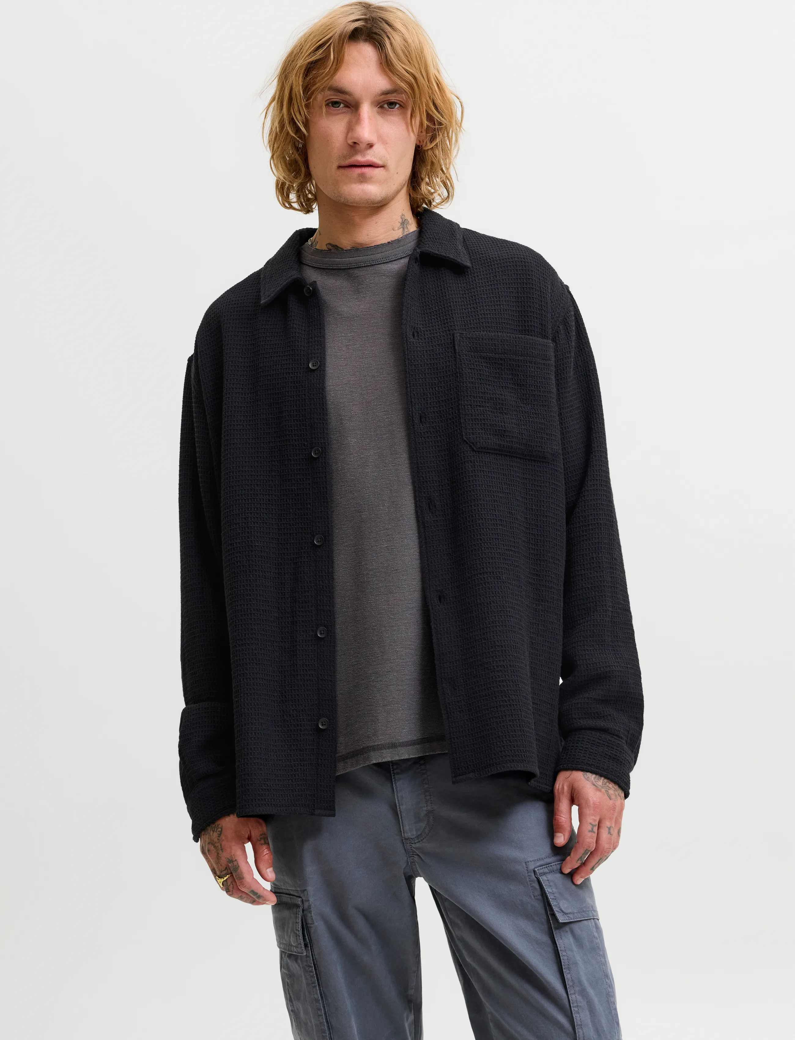 Jack & Jones JJAUSTIN WAFFLE SHIRT LS - Casual skjortor - BLACK / black